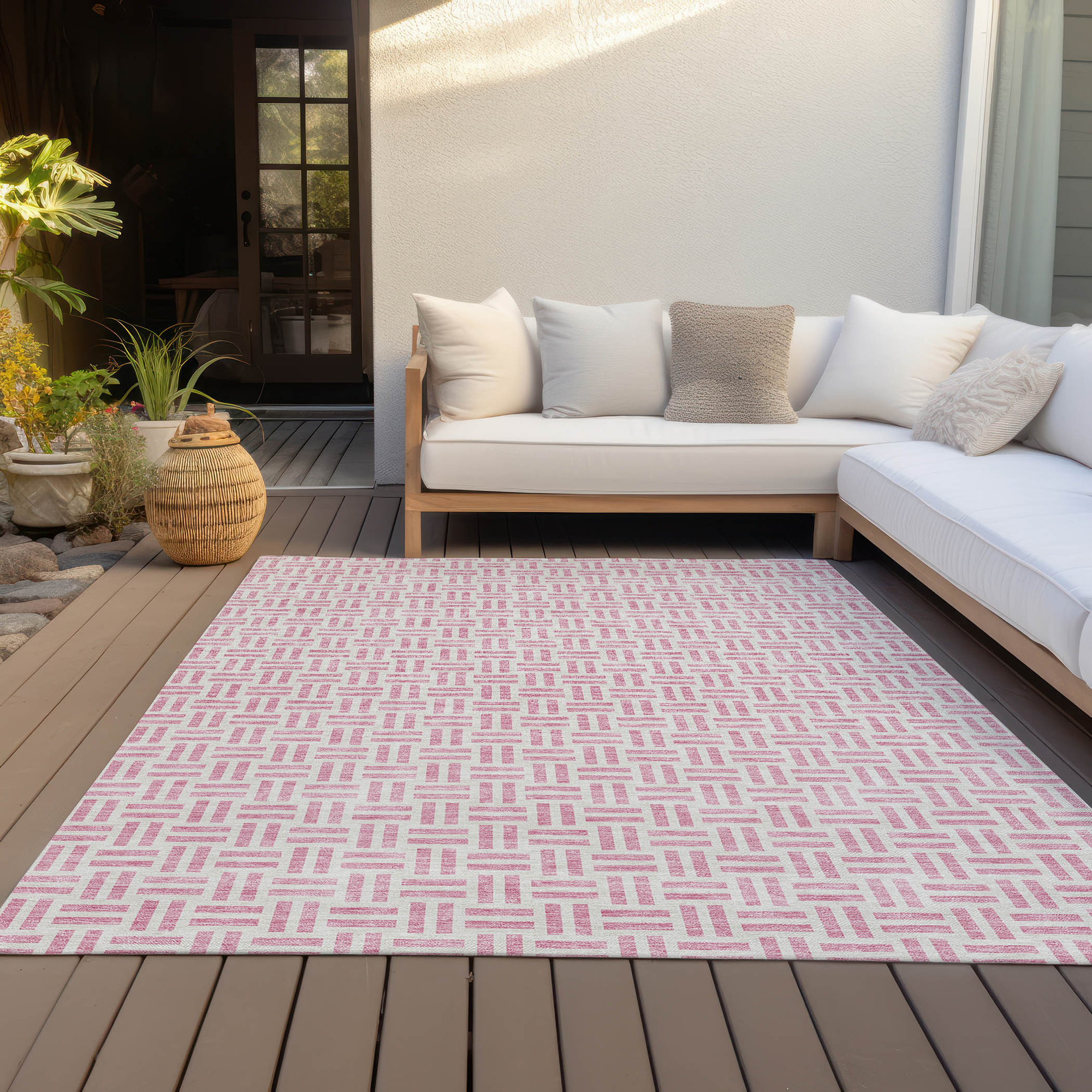 10' X 14' Pink And Ivory Geometric Washable Indoor Outdoor Area Rug - Sports & Outdoor