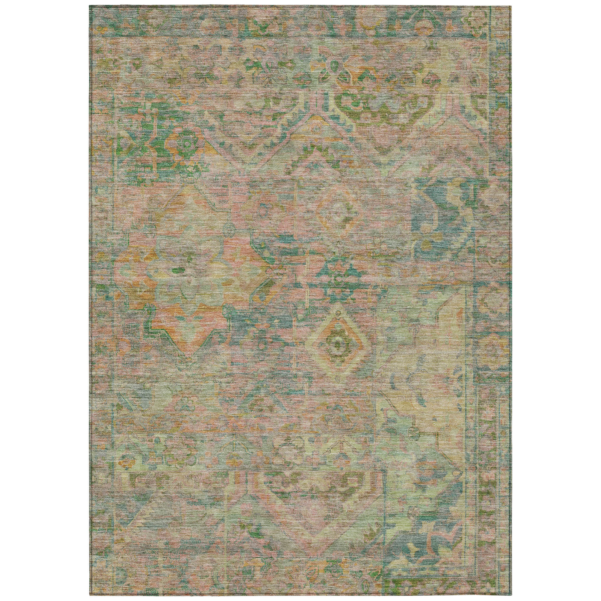 10' X 14' Green Teal Blue And Mauve Floral Medallion Washable Indoor Outdoor Area Rug - Sports & Outdoor