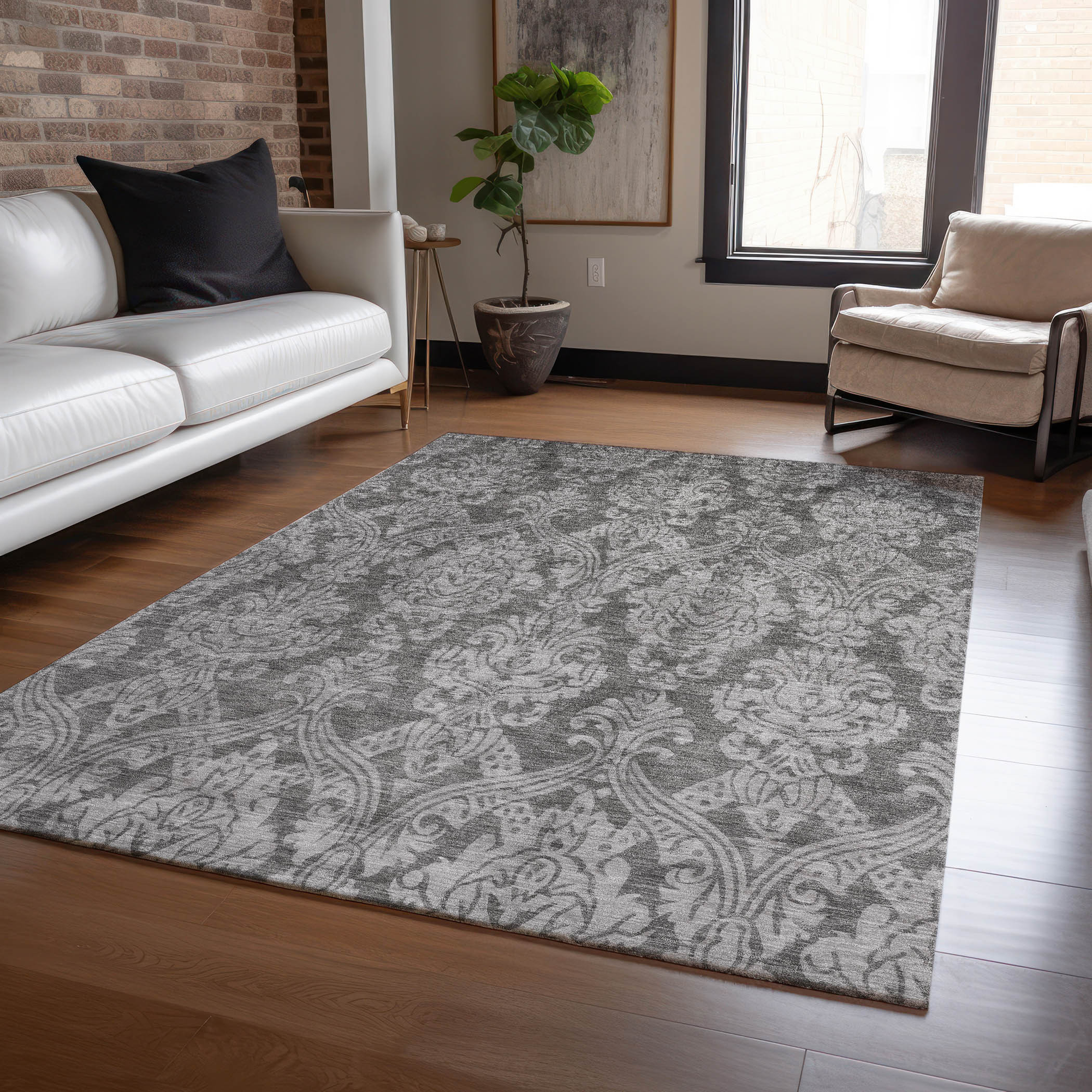10' X 14' Gray And Pewter Damask Washable Indoor Outdoor Area Rug - Sports & Outdoor