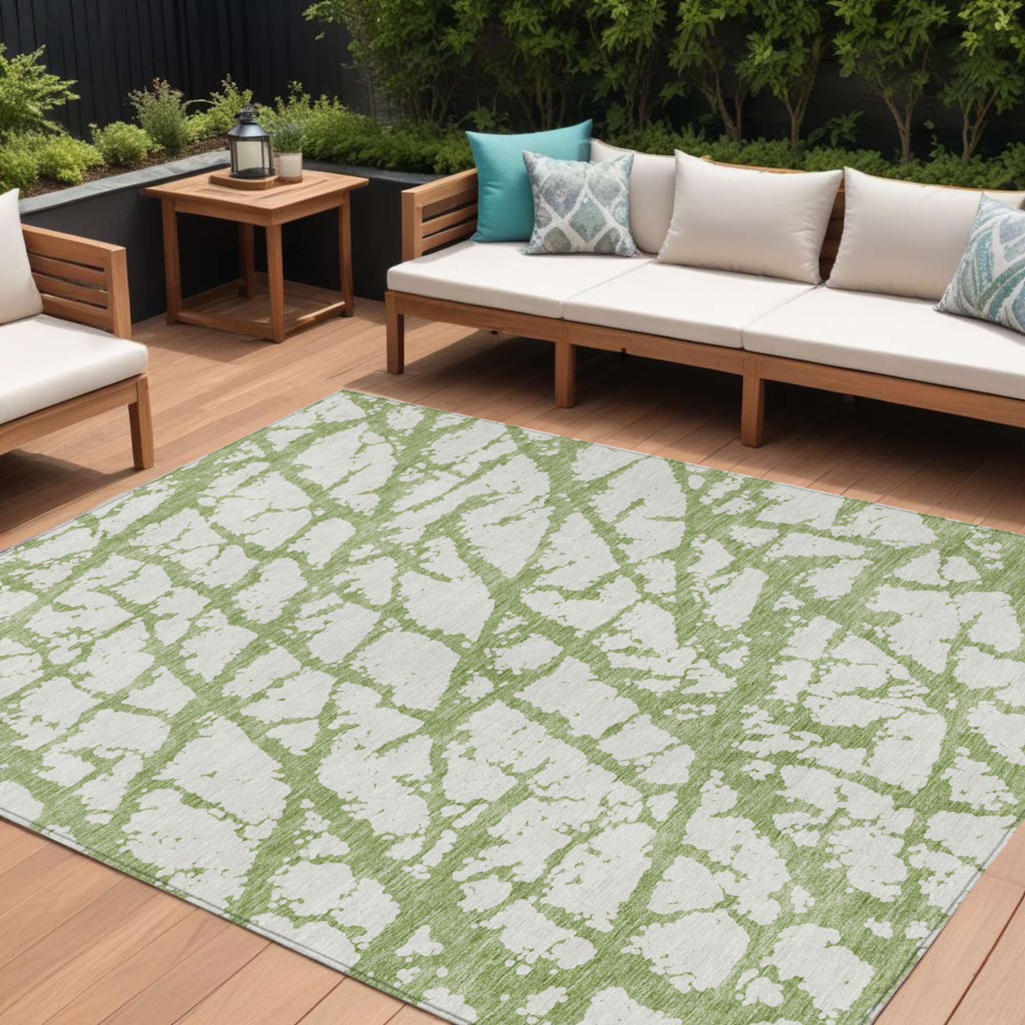 10' X 14' Green And Ivory Abstract Washable Indoor Outdoor Area Rug - Sports & Outdoor