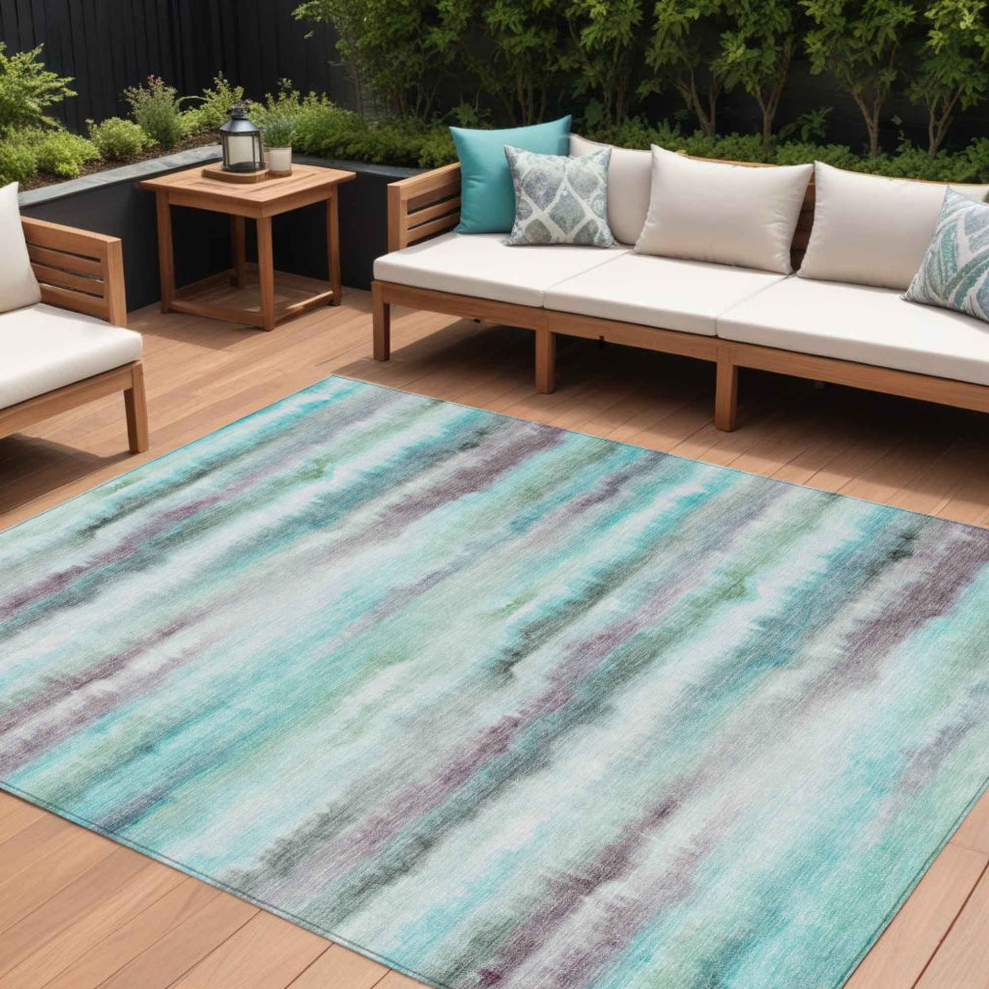10' X 14' Teal Blue Plum And Ivory Striped Washable Indoor Outdoor Area Rug - Sports & Outdoor