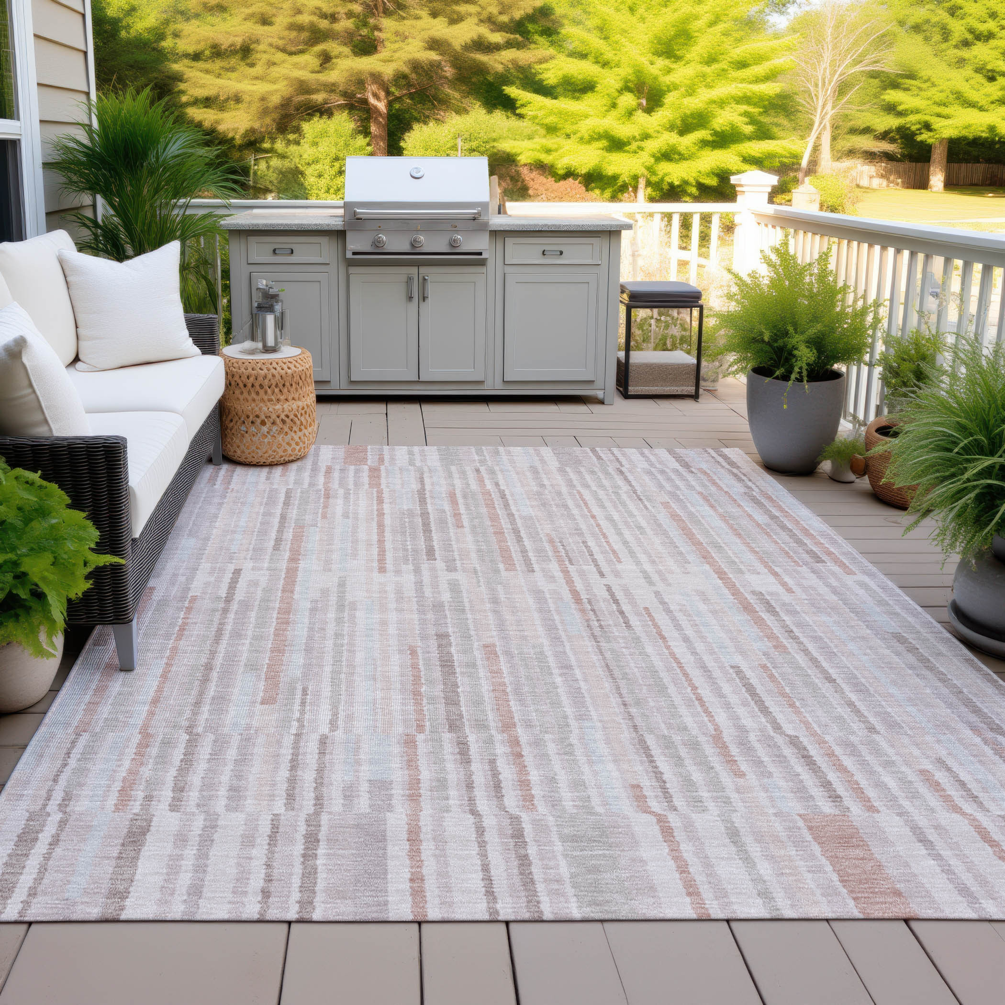 10' X 14' Coral And Beige Striped Washable Indoor Outdoor Area Rug - Sports & Outdoor