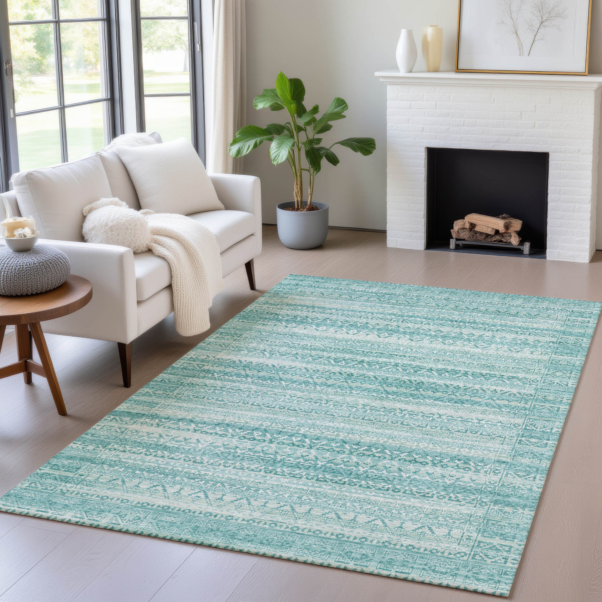 10' X 14' Aqua And Ivory Striped Washable Indoor Outdoor Area Rug - Sports & Outdoor
