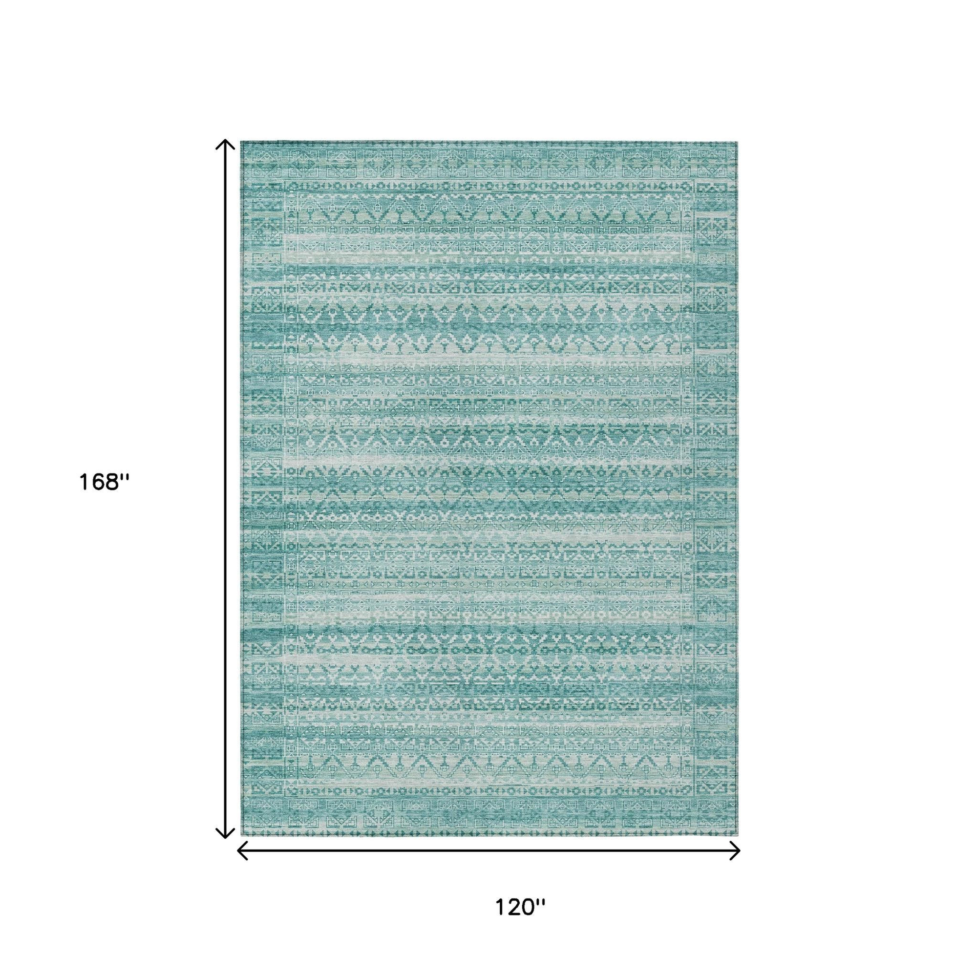 10' X 14' Aqua And Ivory Striped Washable Indoor Outdoor Area Rug - Sports & Outdoor