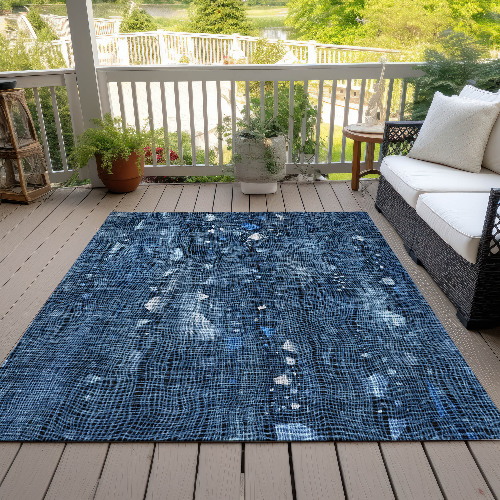 10' X 14' Blue And Ivory Abstract Washable Indoor Outdoor Area Rug - Sports & Outdoor