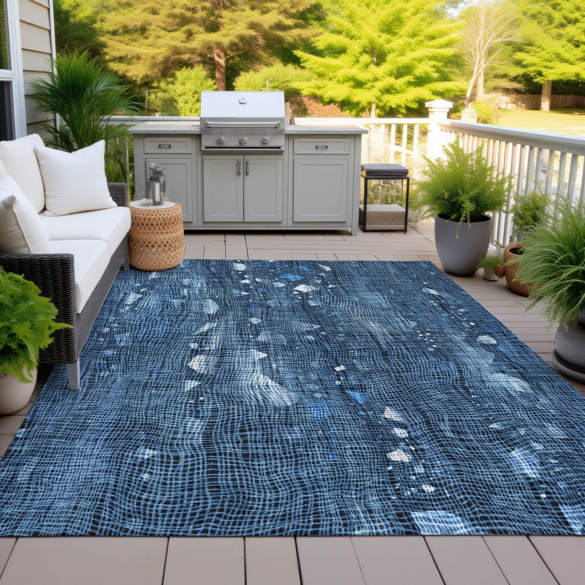 10' X 14' Blue And Ivory Abstract Washable Indoor Outdoor Area Rug - Sports & Outdoor