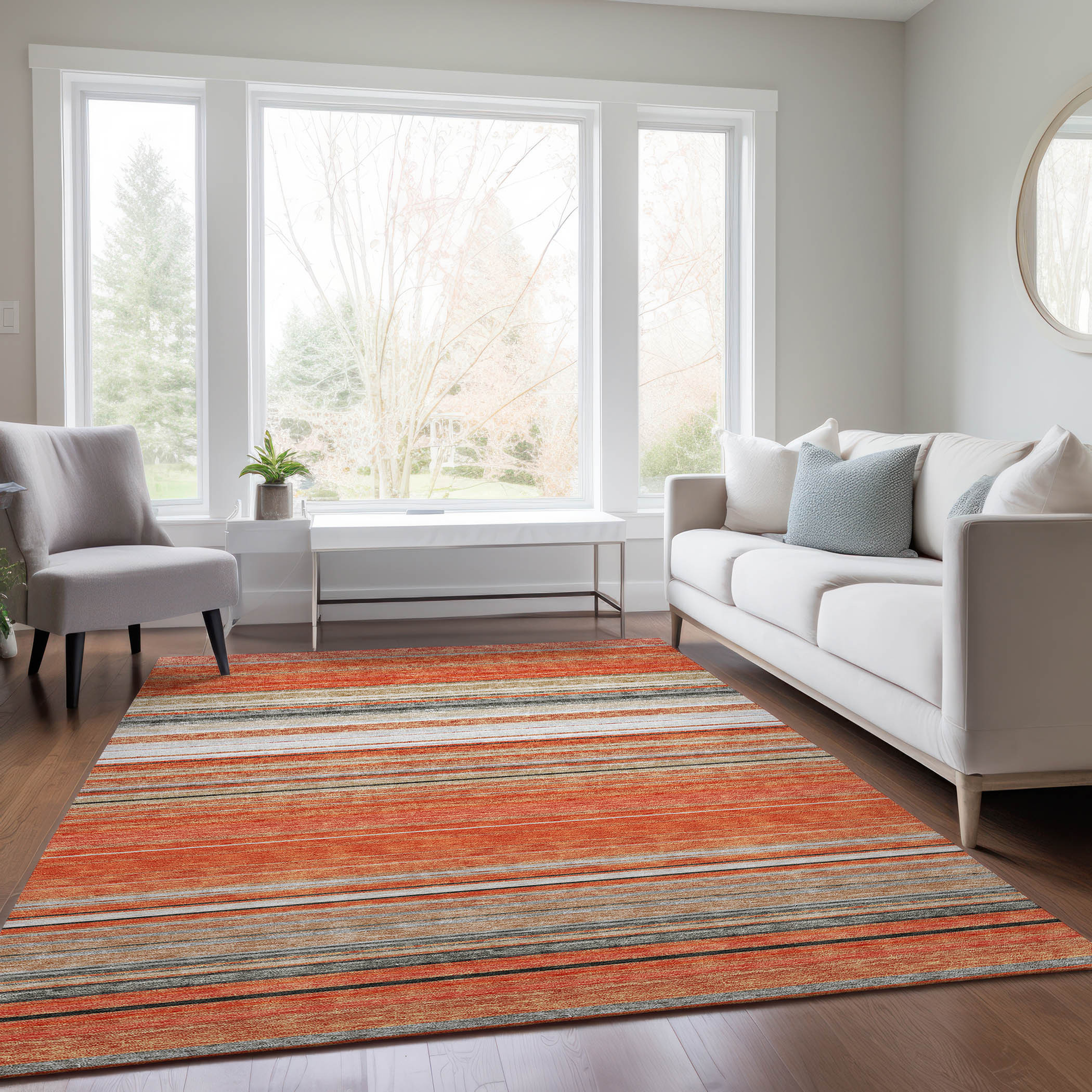 10' X 14' Coral Ivory And Gray Striped Washable Indoor Outdoor Area Rug - Sports & Outdoor