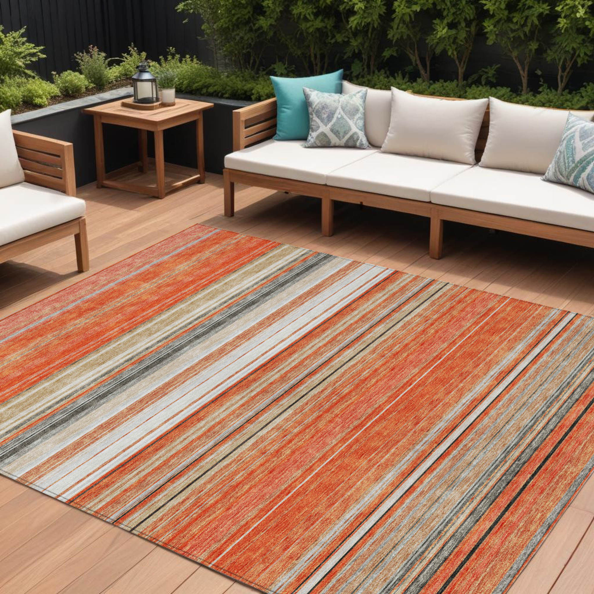 10' X 14' Coral Ivory And Gray Striped Washable Indoor Outdoor Area Rug - Sports & Outdoor