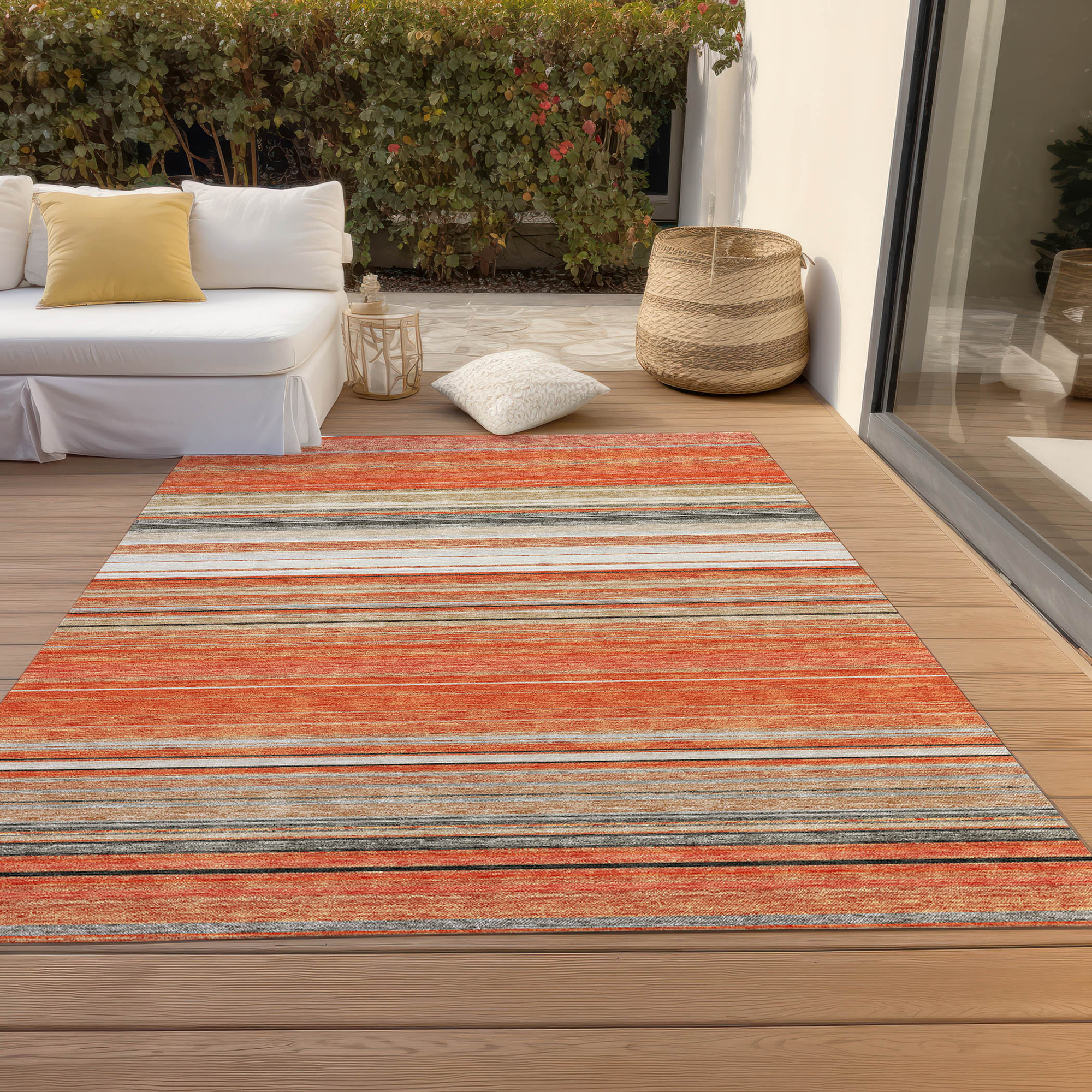 10' X 14' Coral Ivory And Gray Striped Washable Indoor Outdoor Area Rug - Sports & Outdoor