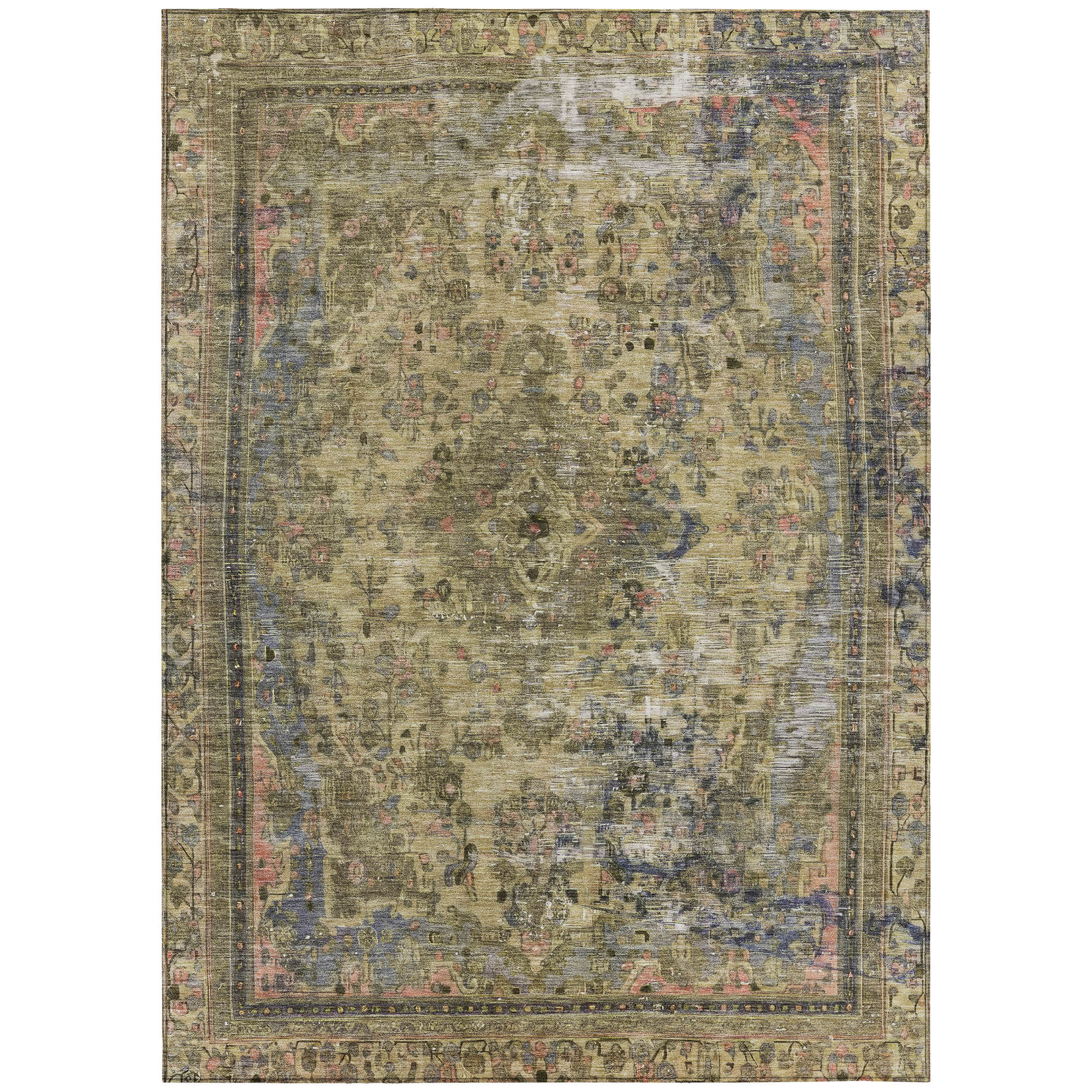 10' X 14' Artichoke Green And Denim Blue Medallion Washable Indoor Outdoor Area Rug - Sports & Outdoor