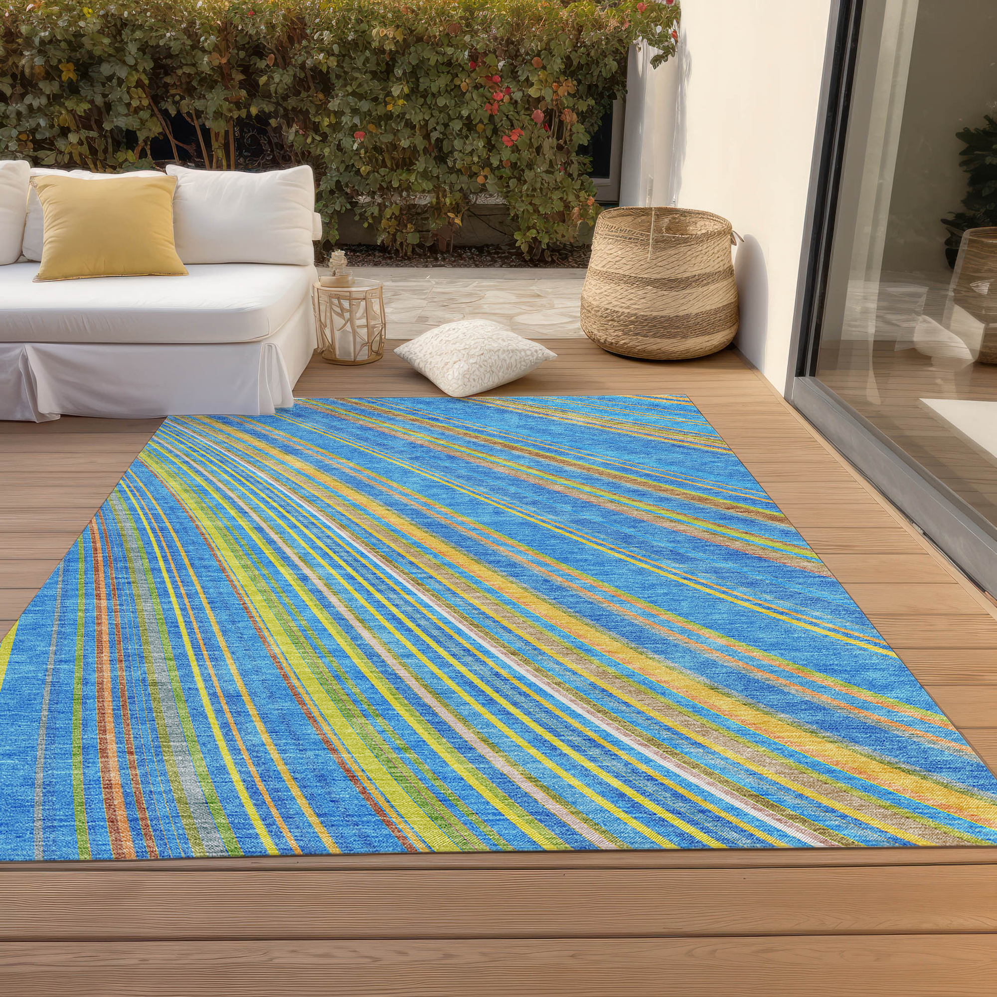 10' X 14' Denim Blue Sky Blue And Gold Striped Washable Indoor Outdoor Area Rug - Sports & Outdoor