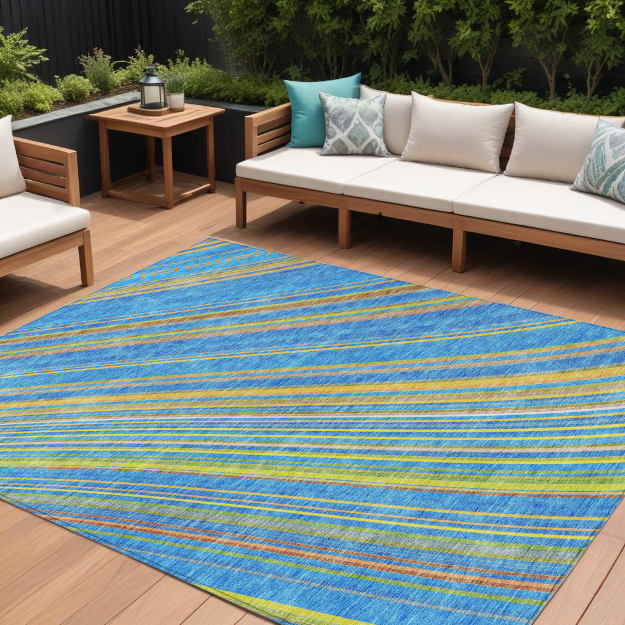 10' X 14' Denim Blue Sky Blue And Gold Striped Washable Indoor Outdoor Area Rug - Sports & Outdoor