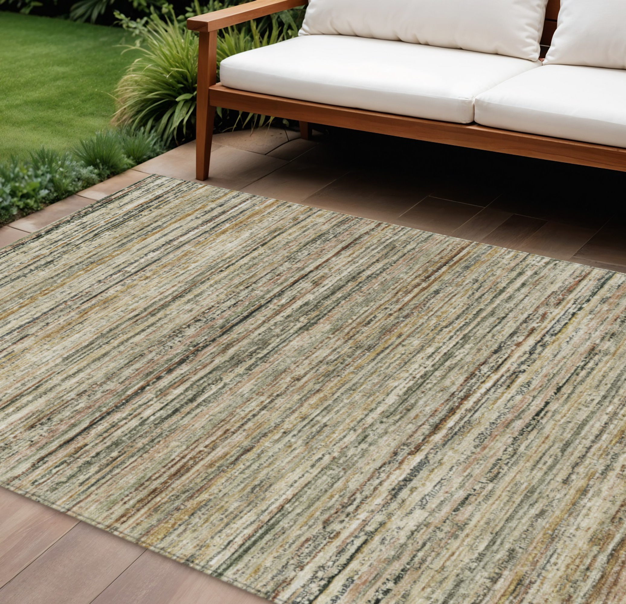 10' X 14' Beige Striped Washable Indoor Outdoor Area Rug - Sports & Outdoor
