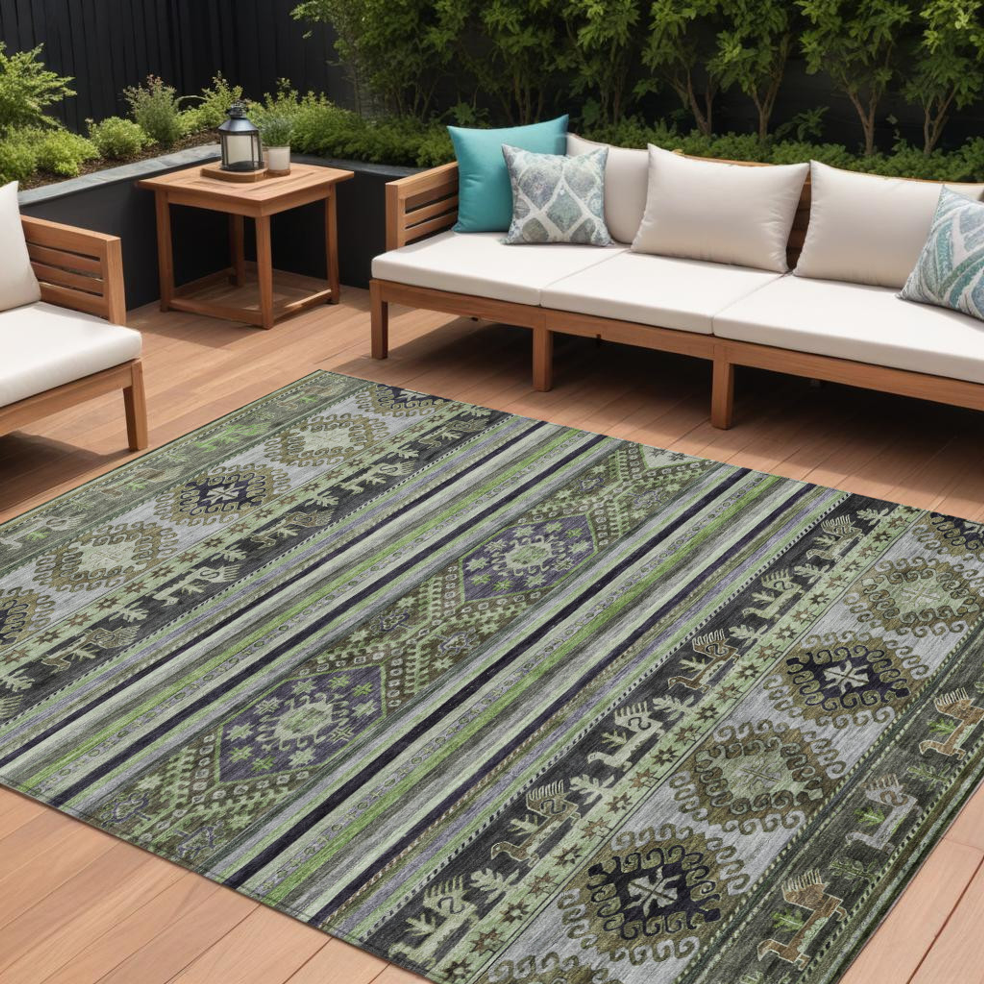10' X 14' Fern Green Taupe And Ivory Tribal Washable Indoor Outdoor Area Rug - Sports & Outdoor