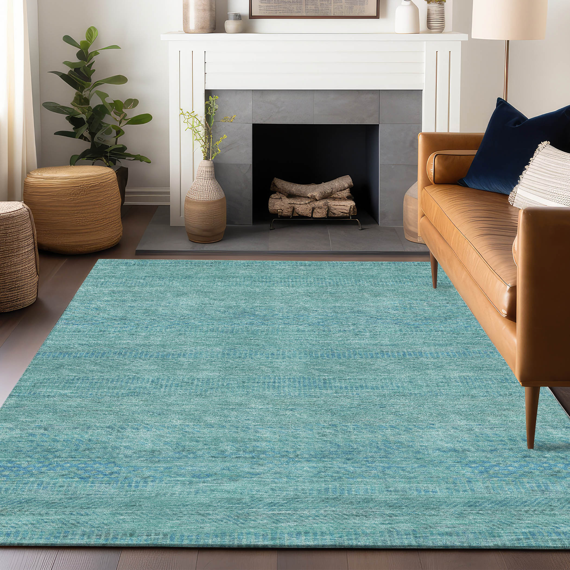 10' X 14' Aqua And Teal Blue Striped Washable Indoor Outdoor Area Rug - Sports & Outdoor