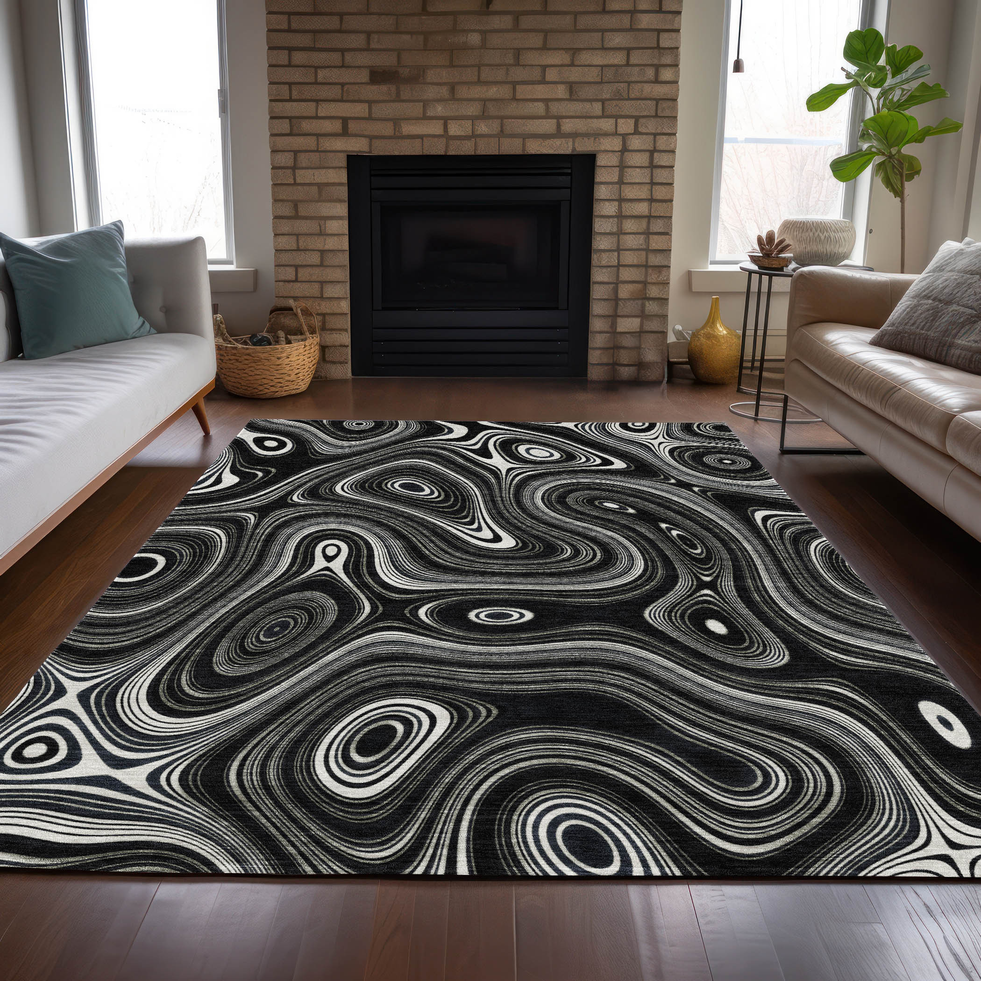 10' X 14' Black And Ivory Geometric Washable Indoor Outdoor Area Rug - Sports & Outdoor