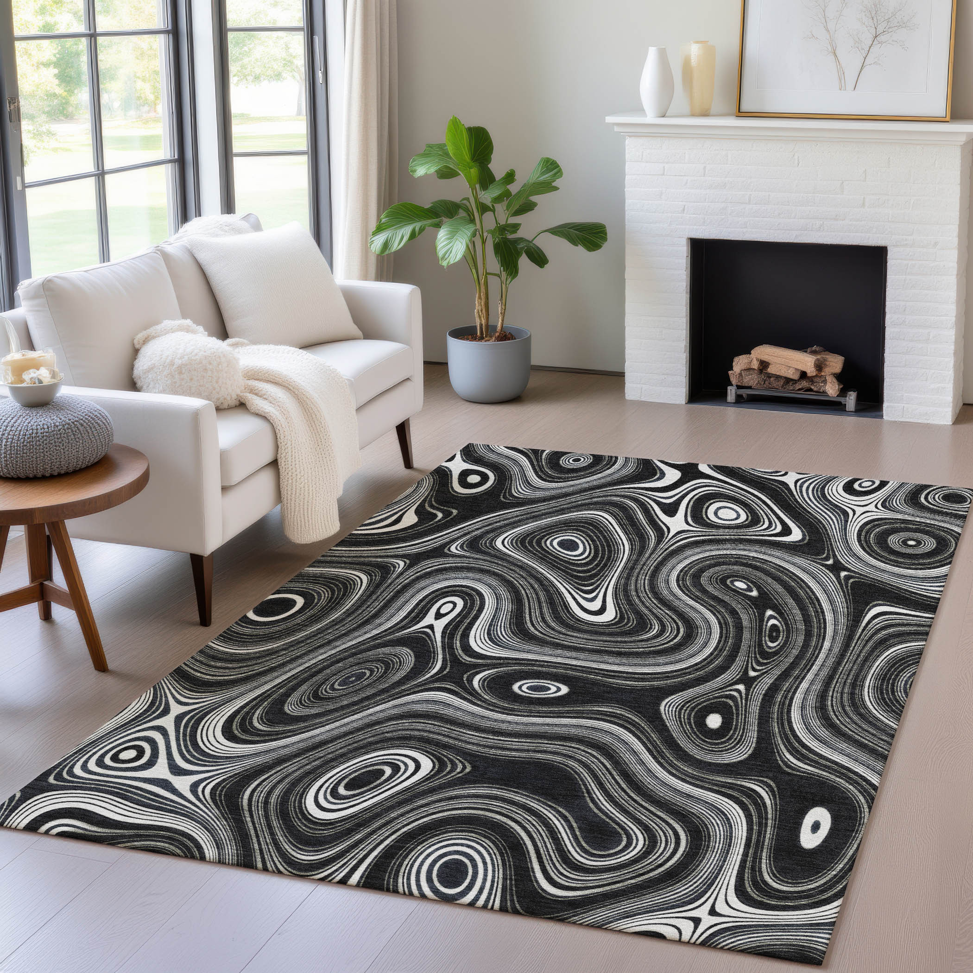 10' X 14' Black And Ivory Geometric Washable Indoor Outdoor Area Rug - Sports & Outdoor