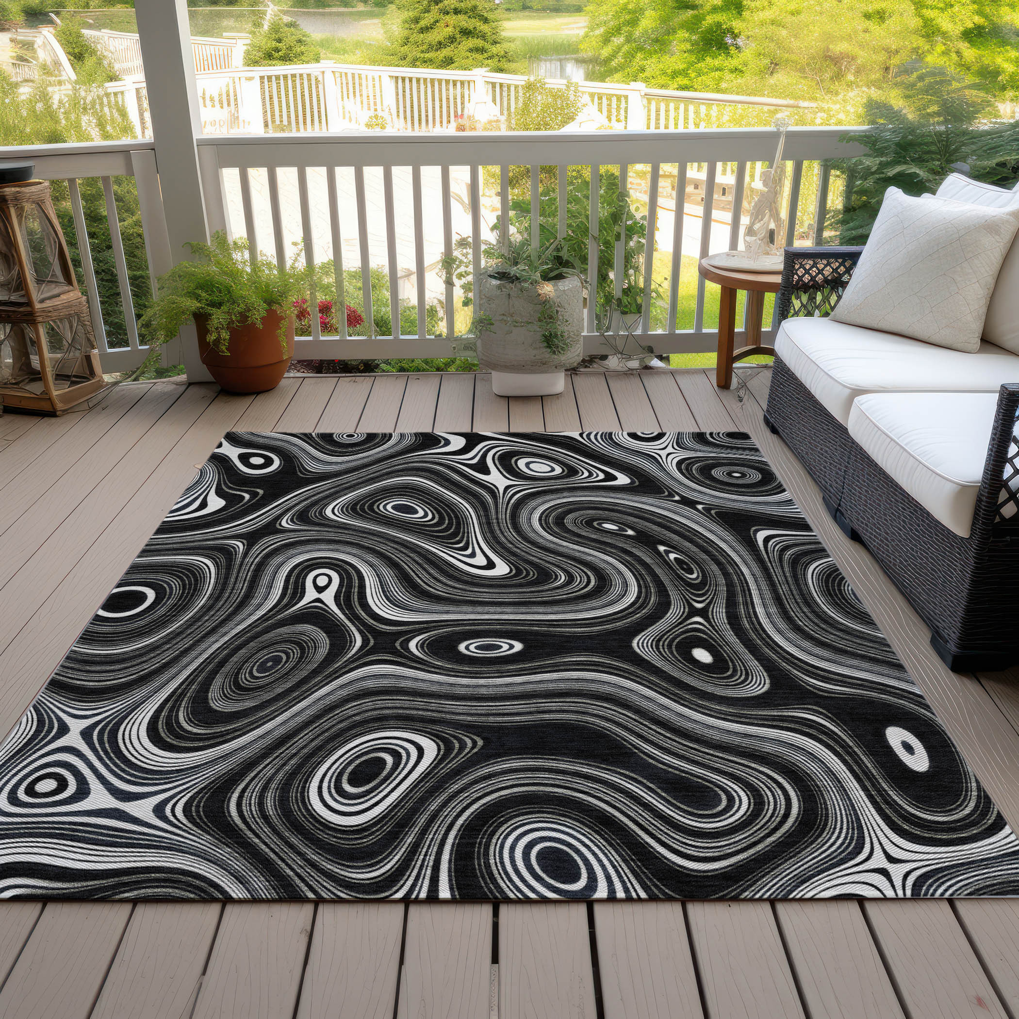 10' X 14' Black And Ivory Geometric Washable Indoor Outdoor Area Rug - Sports & Outdoor