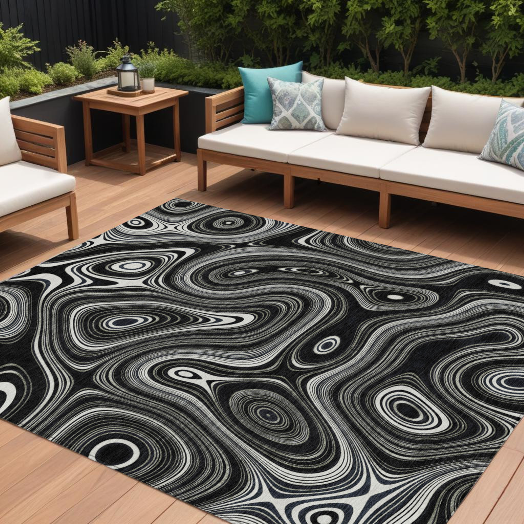 10' X 14' Black And Ivory Geometric Washable Indoor Outdoor Area Rug - Sports & Outdoor