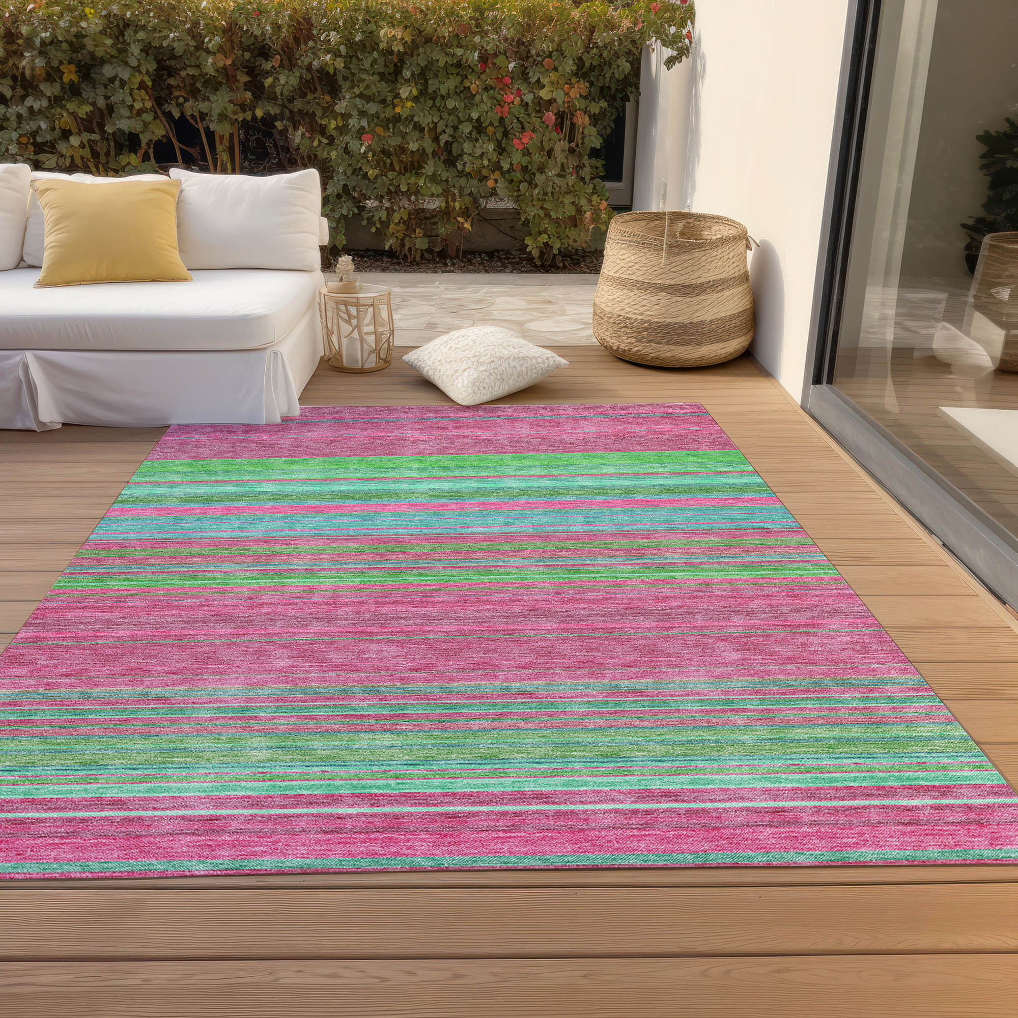 10' X 14' Blush Lime Green And Teal Blue Striped Washable Indoor Outdoor Area Rug - Sports & Outdoor