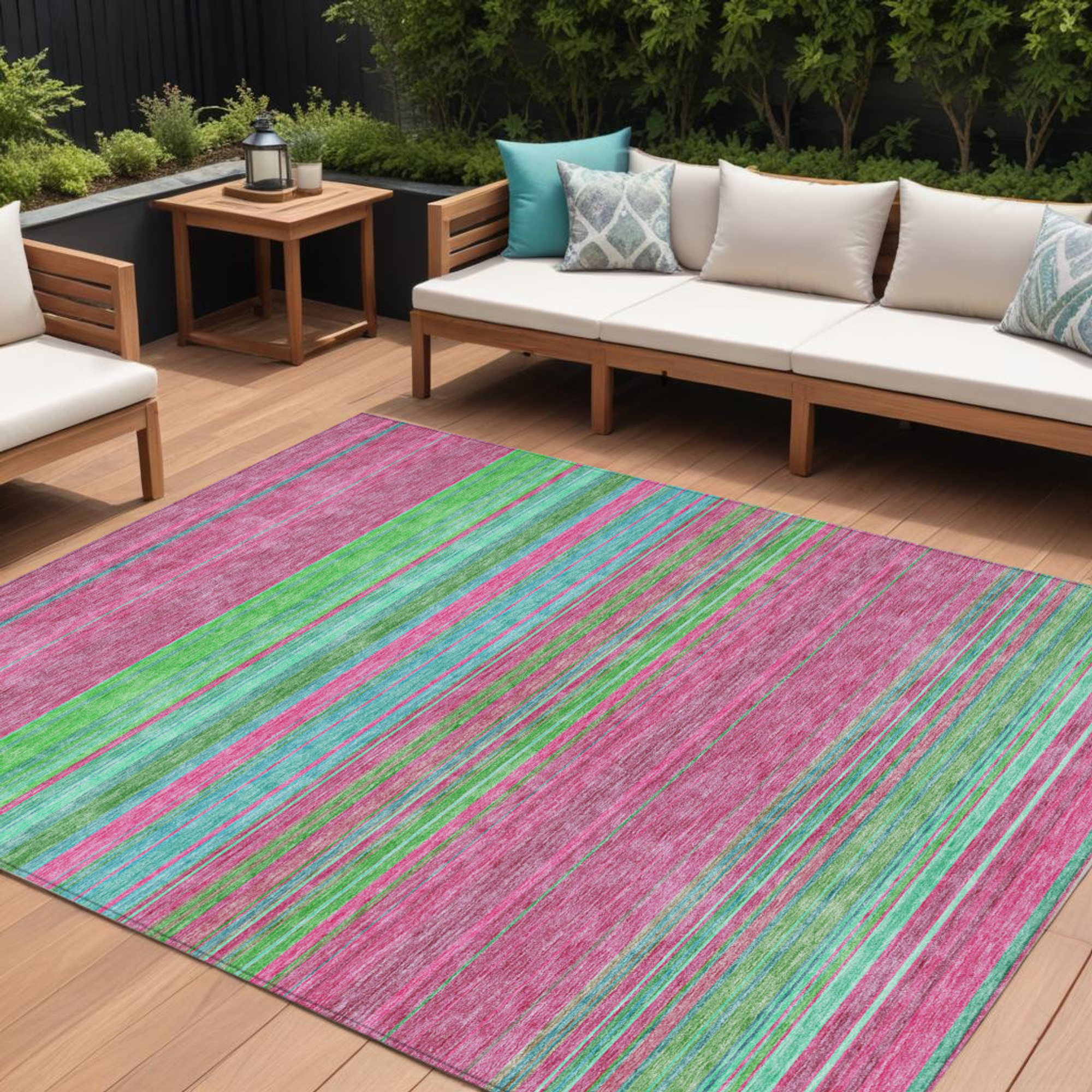 10' X 14' Blush Lime Green And Teal Blue Striped Washable Indoor Outdoor Area Rug - Sports & Outdoor