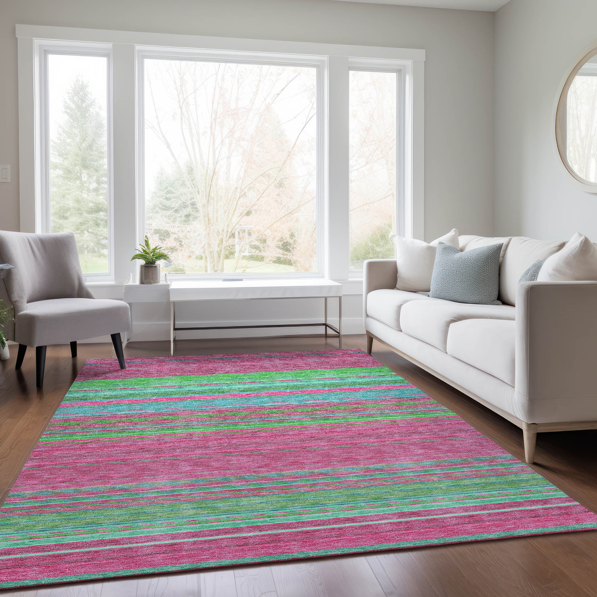 10' X 14' Blush Lime Green And Teal Blue Striped Washable Indoor Outdoor Area Rug - Sports & Outdoor