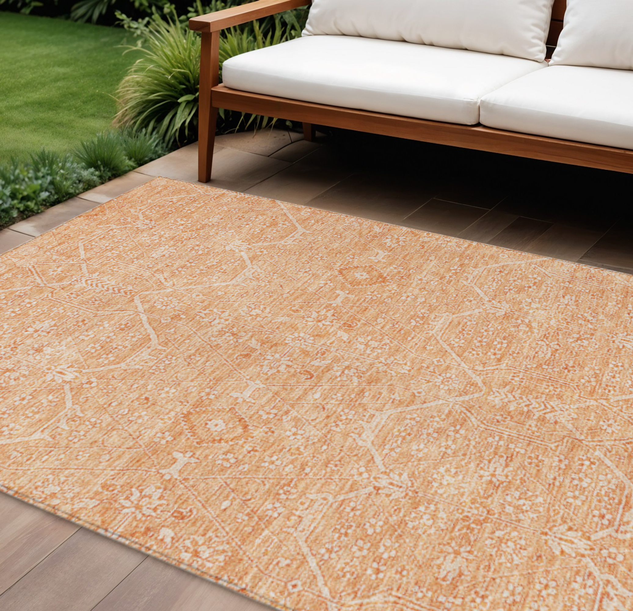 10' X 14' Salmon Floral Washable Indoor Outdoor Area Rug - Sports & Outdoor