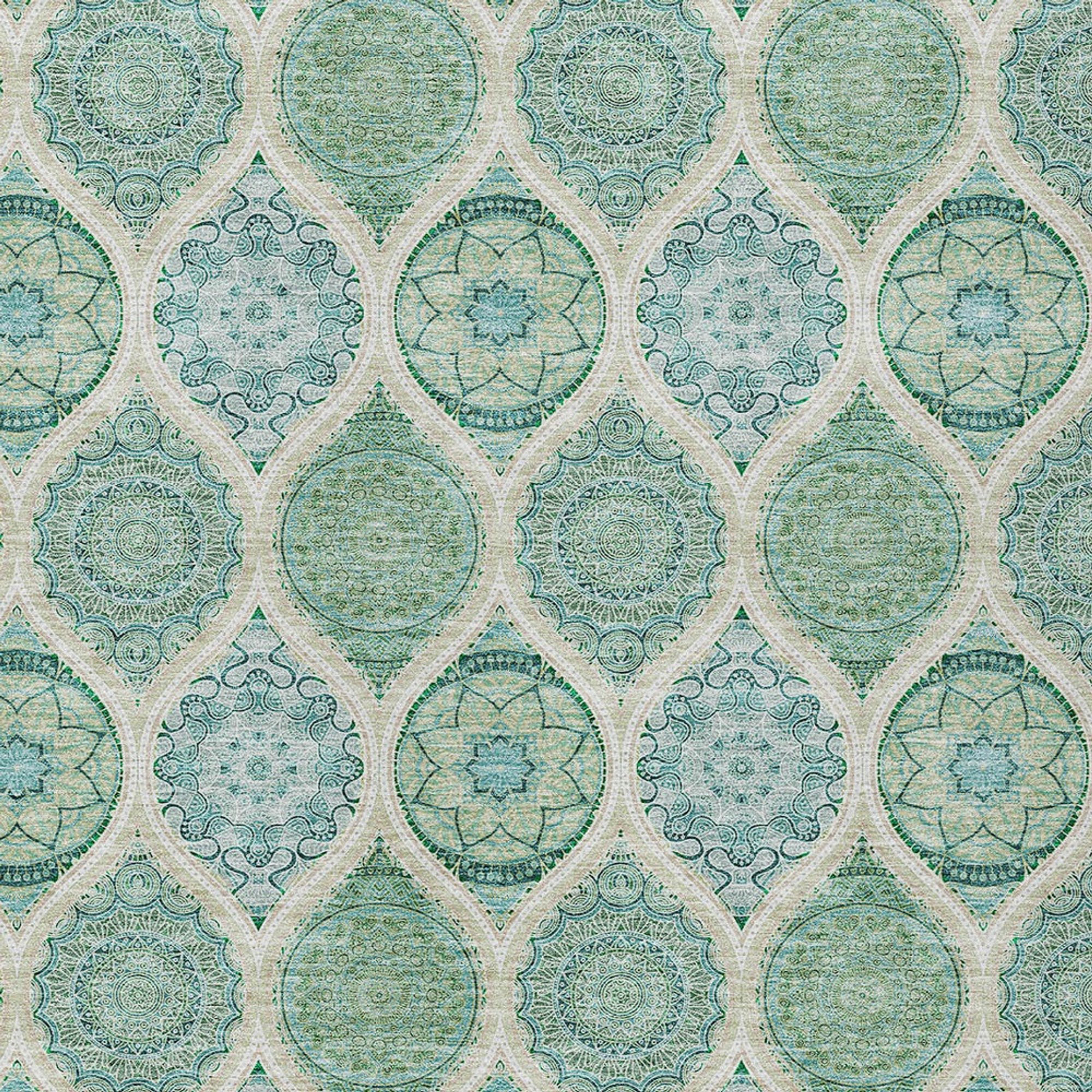10' X 14' Sage Ivory And Teal Blue Floral Medallion Washable Indoor Outdoor Area Rug - Sports & Outdoor