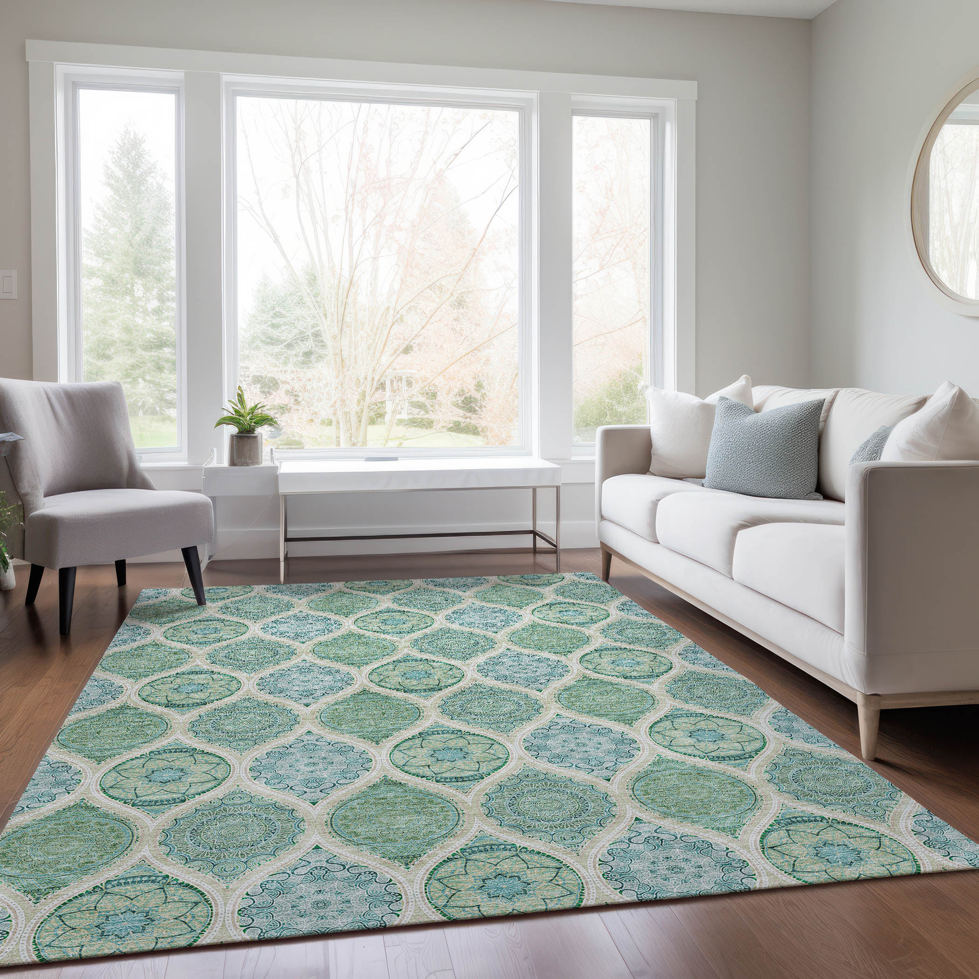 10' X 14' Sage Ivory And Teal Blue Floral Medallion Washable Indoor Outdoor Area Rug - Sports & Outdoor