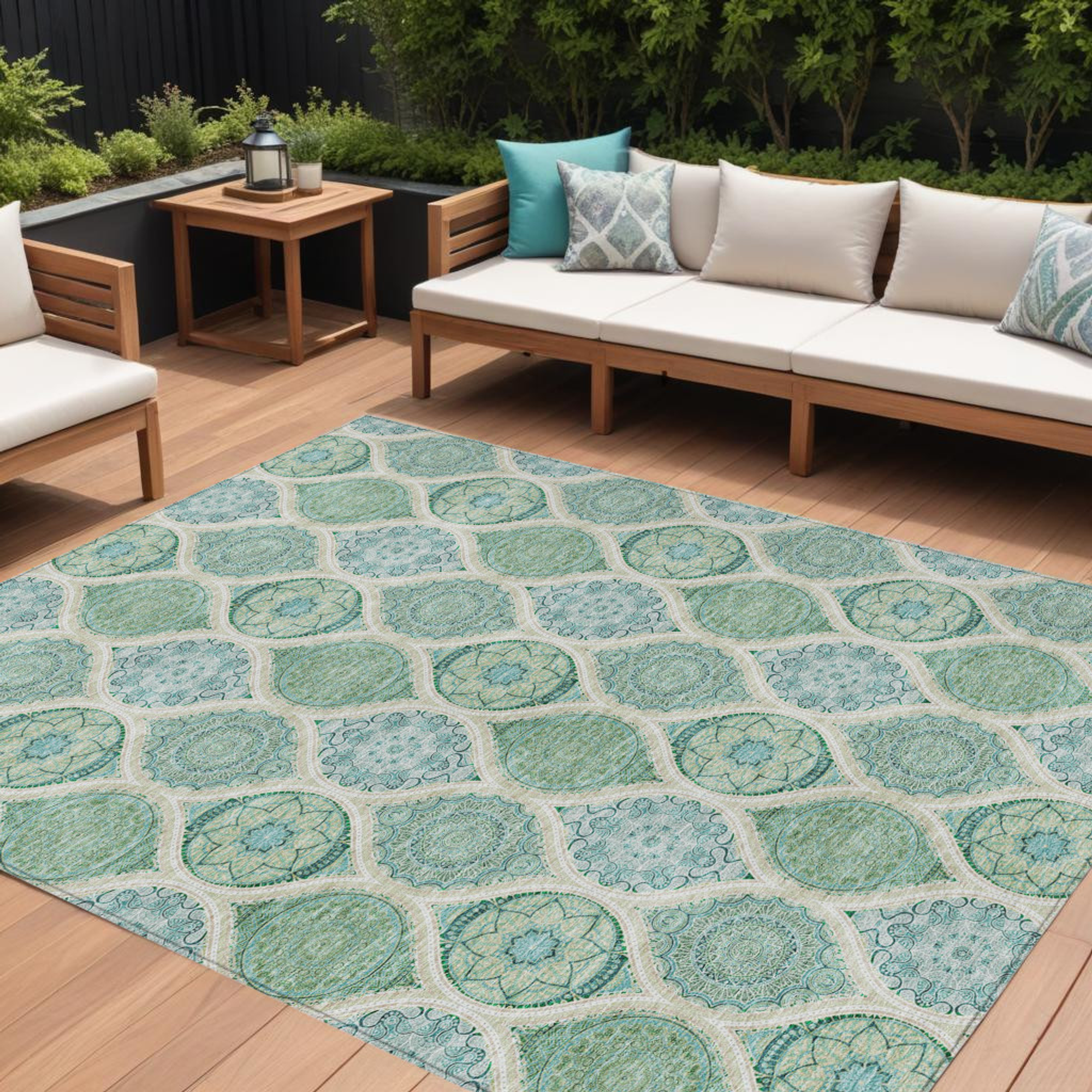 10' X 14' Sage Ivory And Teal Blue Floral Medallion Washable Indoor Outdoor Area Rug - Sports & Outdoor