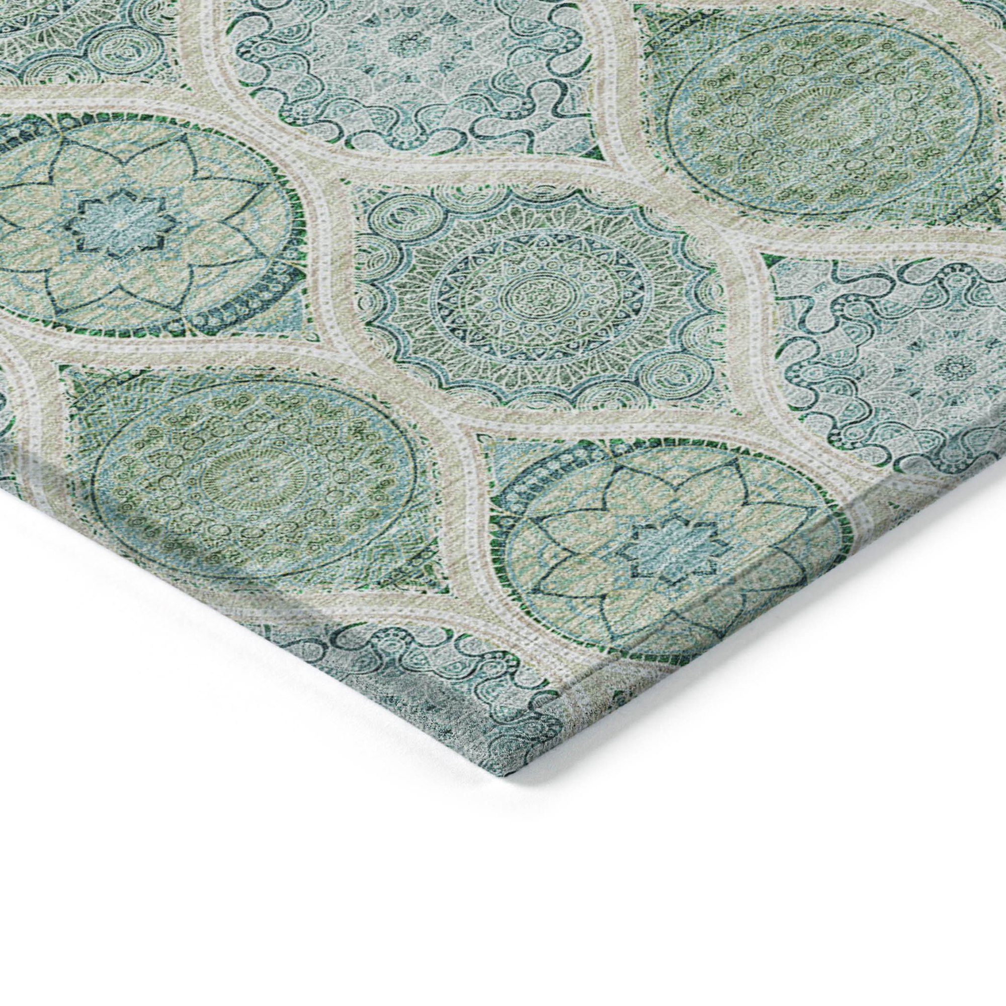 10' X 14' Sage Ivory And Teal Blue Floral Medallion Washable Indoor Outdoor Area Rug - Sports & Outdoor