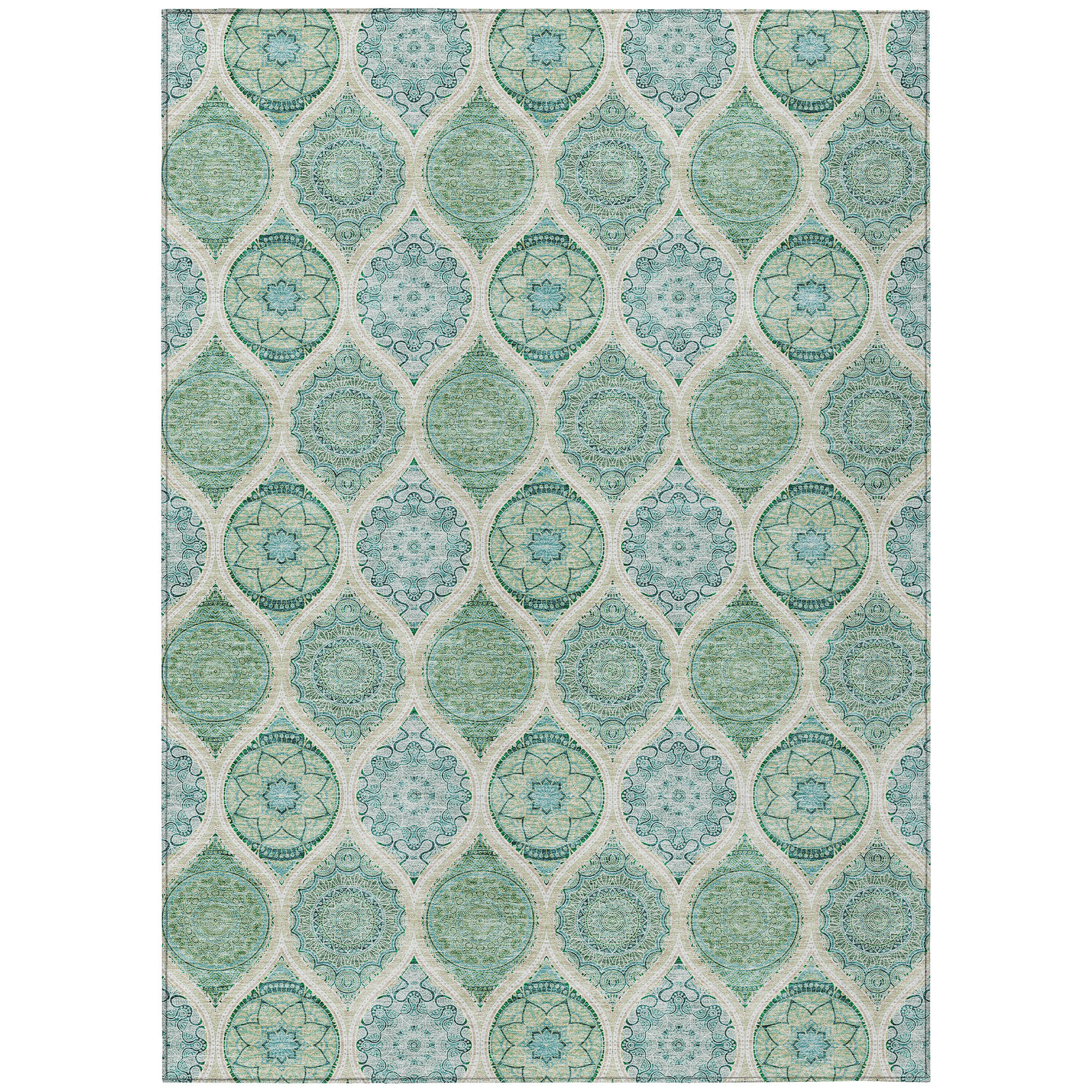 10' X 14' Sage Ivory And Teal Blue Floral Medallion Washable Indoor Outdoor Area Rug - Sports & Outdoor