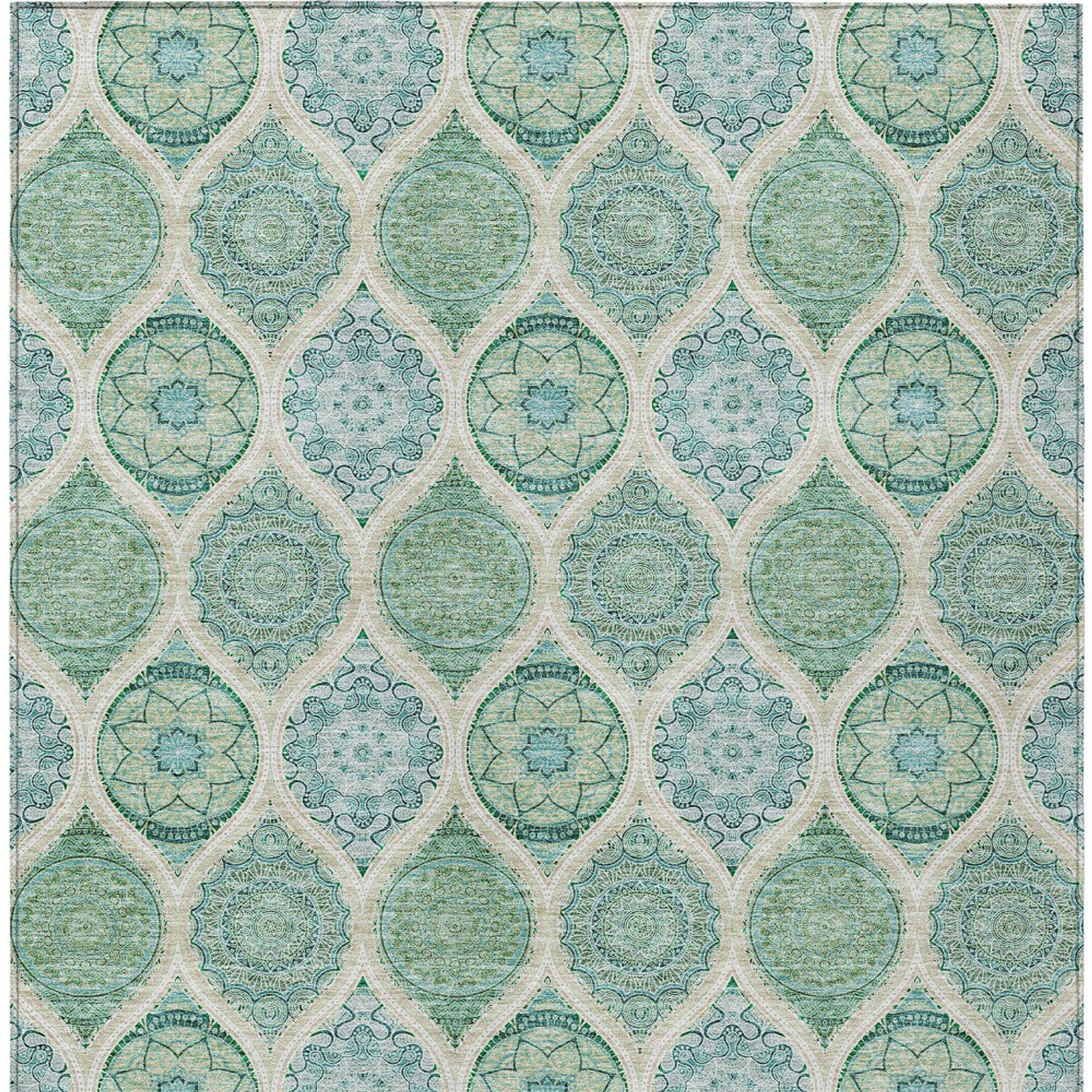 10' X 14' Sage Ivory And Teal Blue Floral Medallion Washable Indoor Outdoor Area Rug - Sports & Outdoor