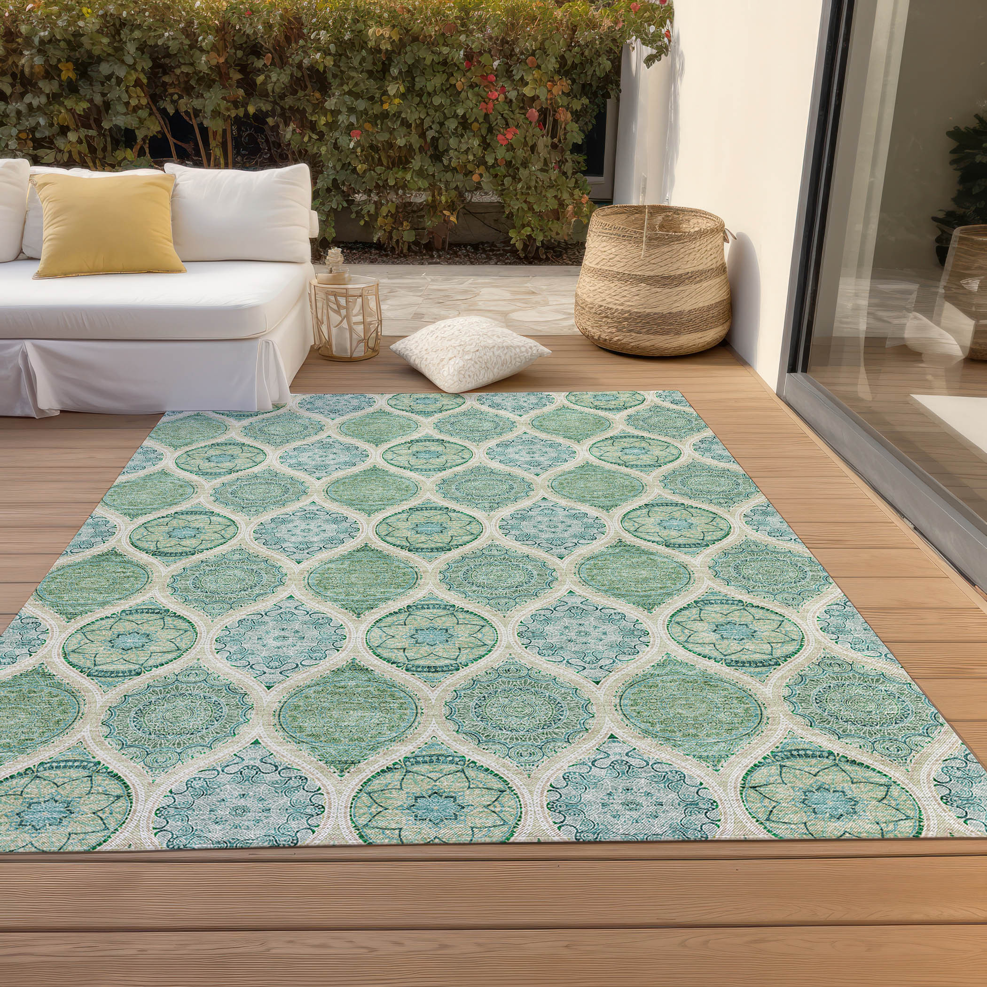 10' X 14' Sage Ivory And Teal Blue Floral Medallion Washable Indoor Outdoor Area Rug - Sports & Outdoor