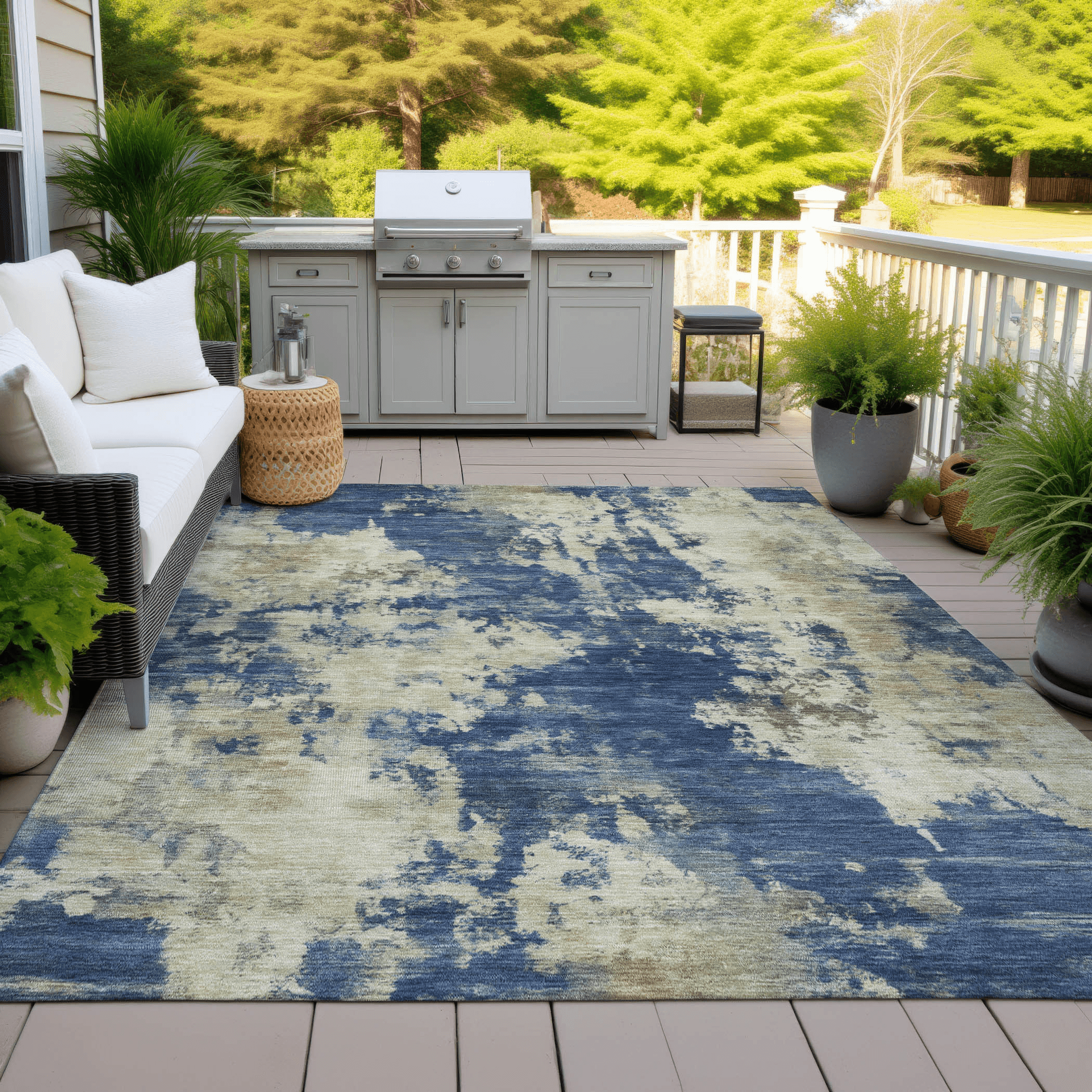 10' X 14' Navy Blue And Beige Abstract Washable Indoor Outdoor Area Rug - Sports & Outdoor