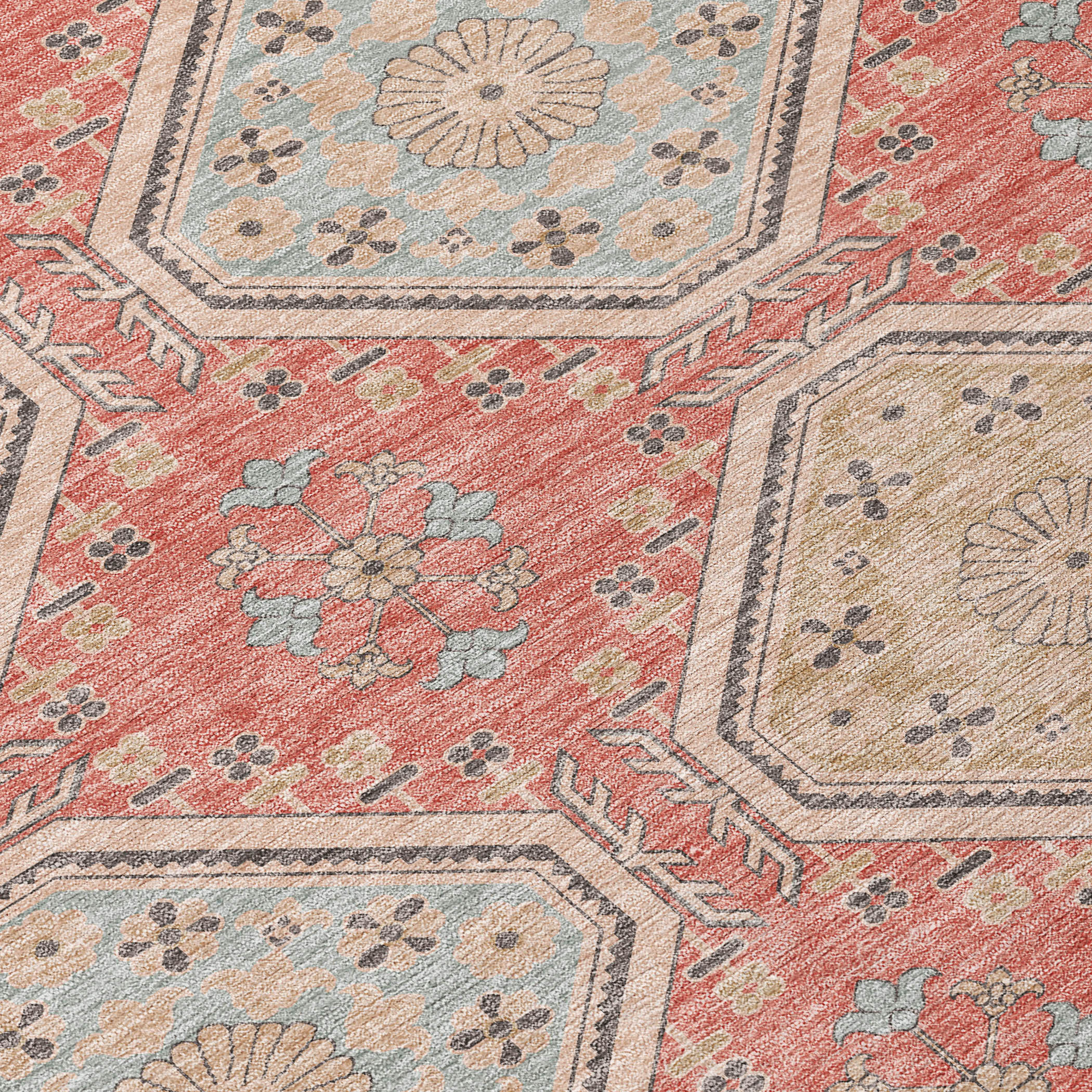 10' X 14' Salmon And Beige Floral Washable Indoor Outdoor Area Rug - Sports & Outdoor