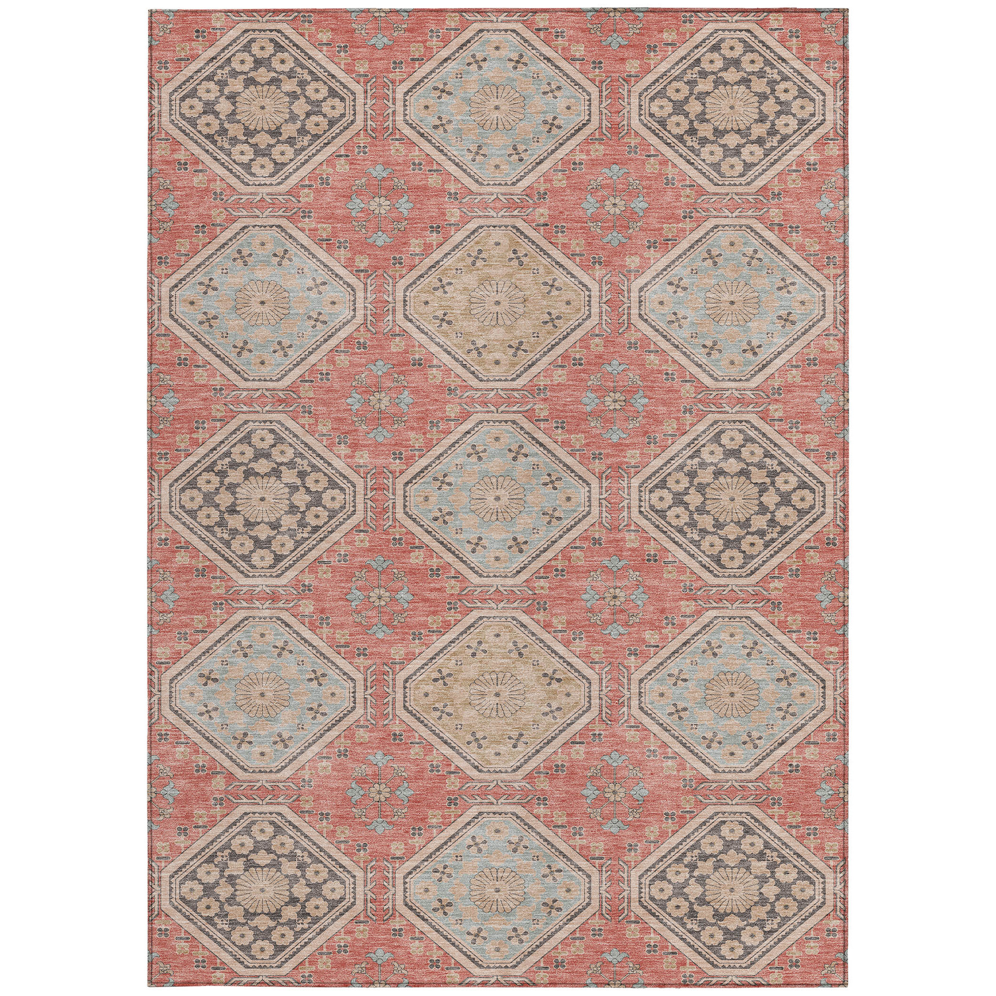 10' X 14' Salmon And Beige Floral Washable Indoor Outdoor Area Rug - Sports & Outdoor
