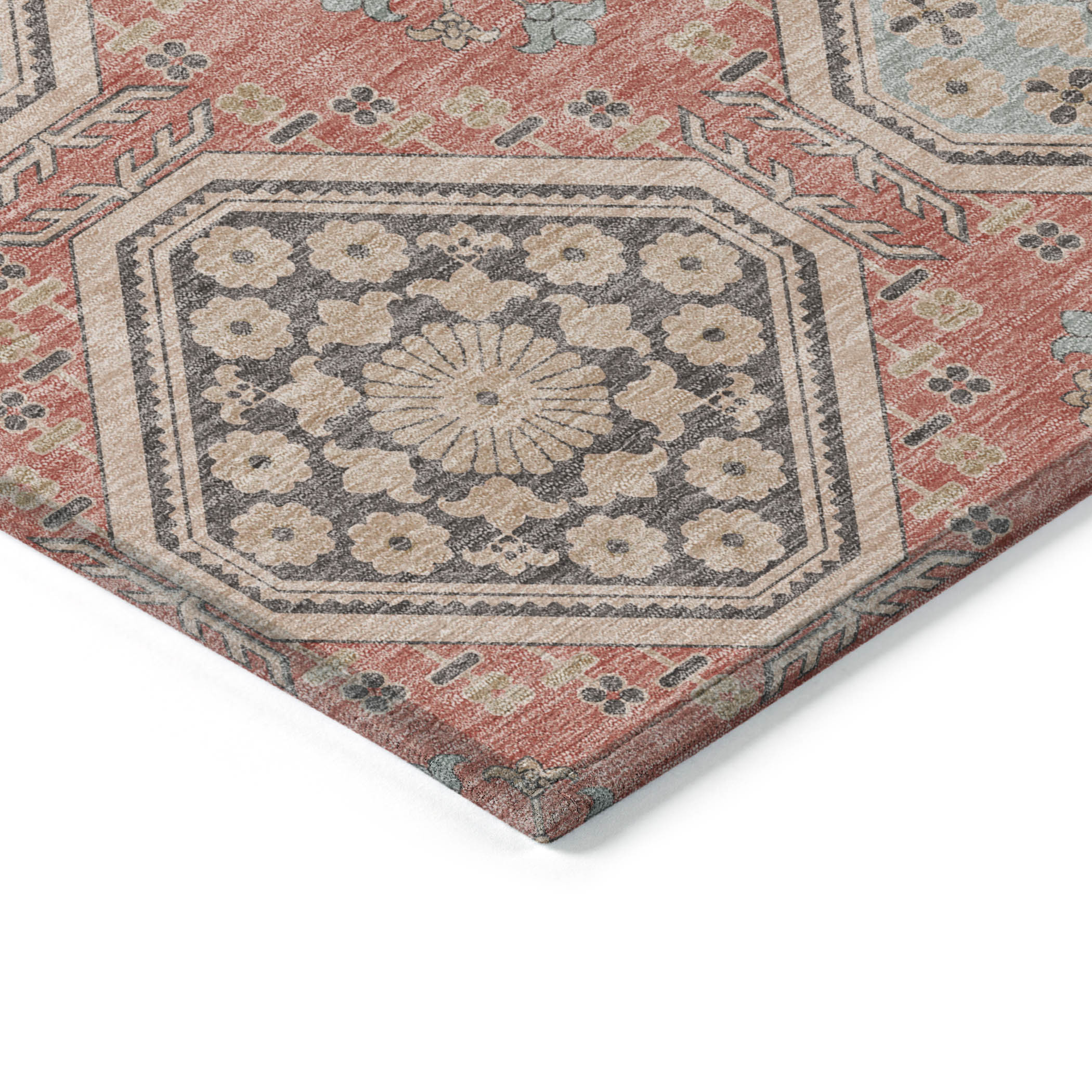 10' X 14' Salmon And Beige Floral Washable Indoor Outdoor Area Rug - Sports & Outdoor