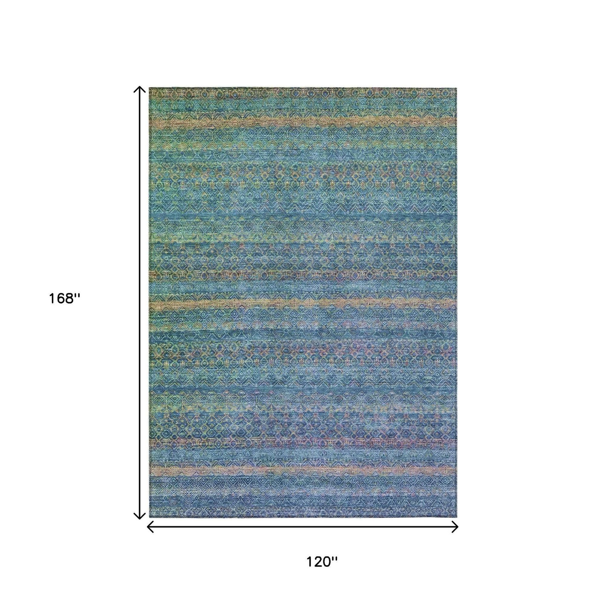 10' X 14' Teal Blue And Copper Striped Washable Indoor Outdoor Area Rug - Sports & Outdoor