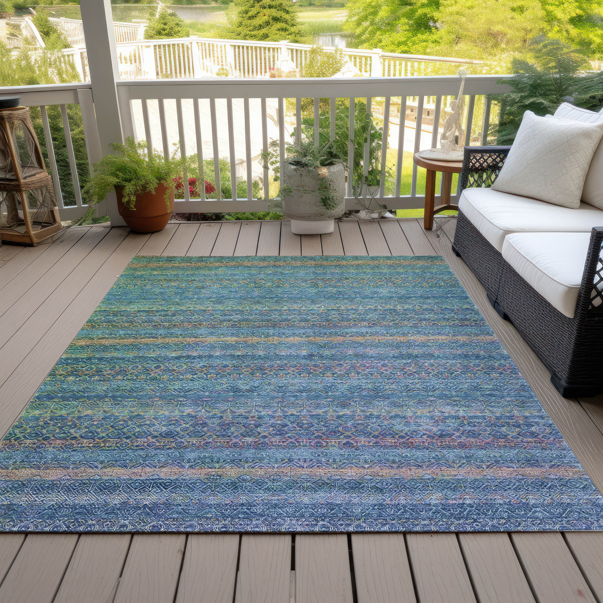10' X 14' Teal Blue And Copper Striped Washable Indoor Outdoor Area Rug - Sports & Outdoor