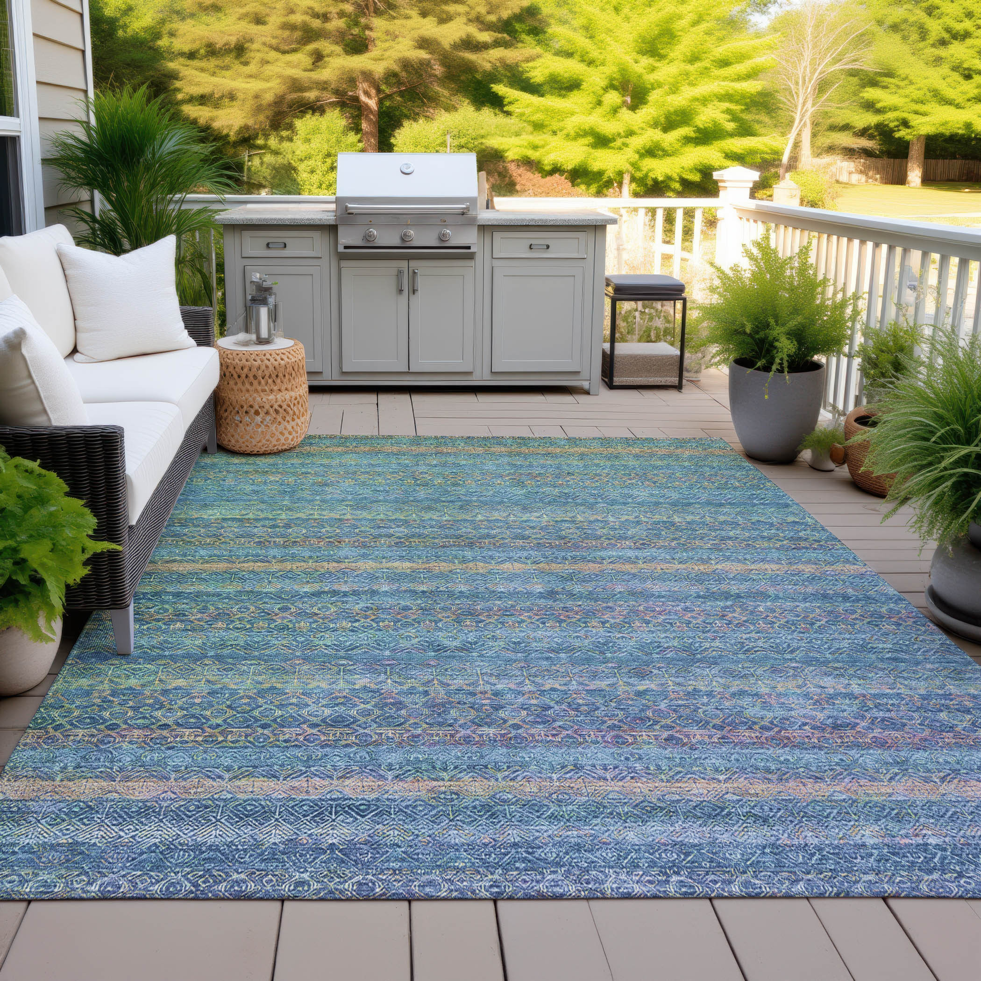 10' X 14' Teal Blue And Copper Striped Washable Indoor Outdoor Area Rug - Sports & Outdoor