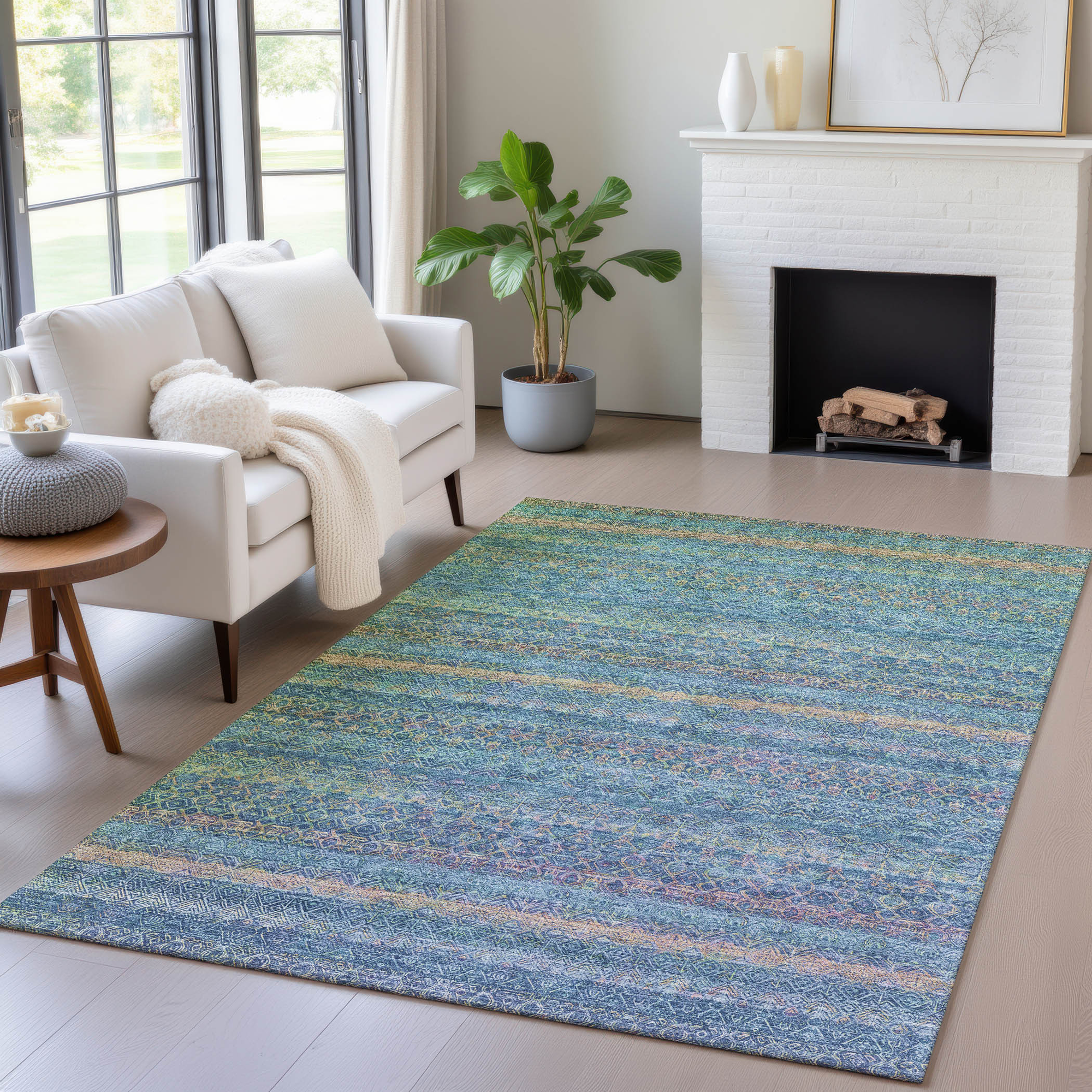 10' X 14' Teal Blue And Copper Striped Washable Indoor Outdoor Area Rug - Sports & Outdoor