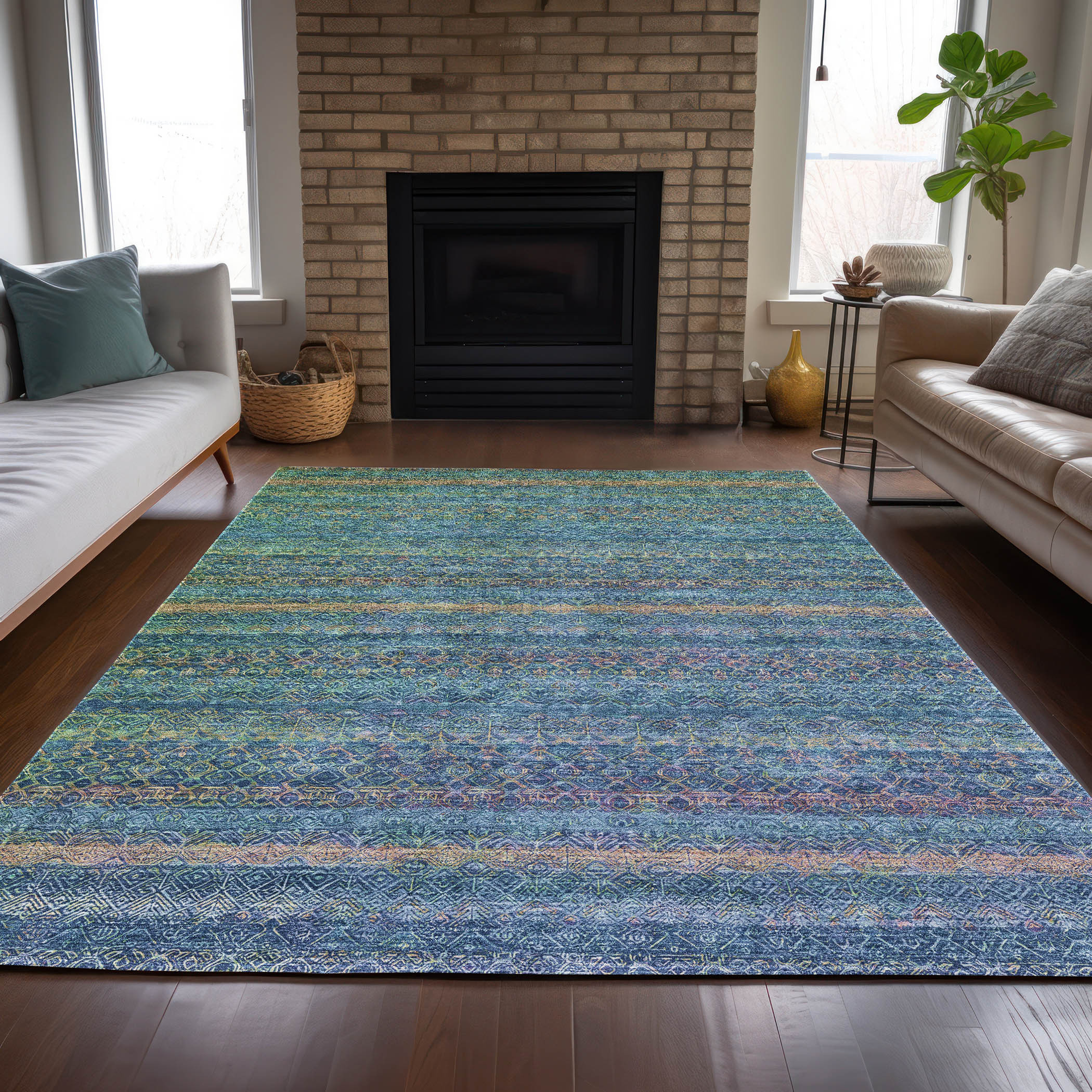 10' X 14' Teal Blue And Copper Striped Washable Indoor Outdoor Area Rug - Sports & Outdoor