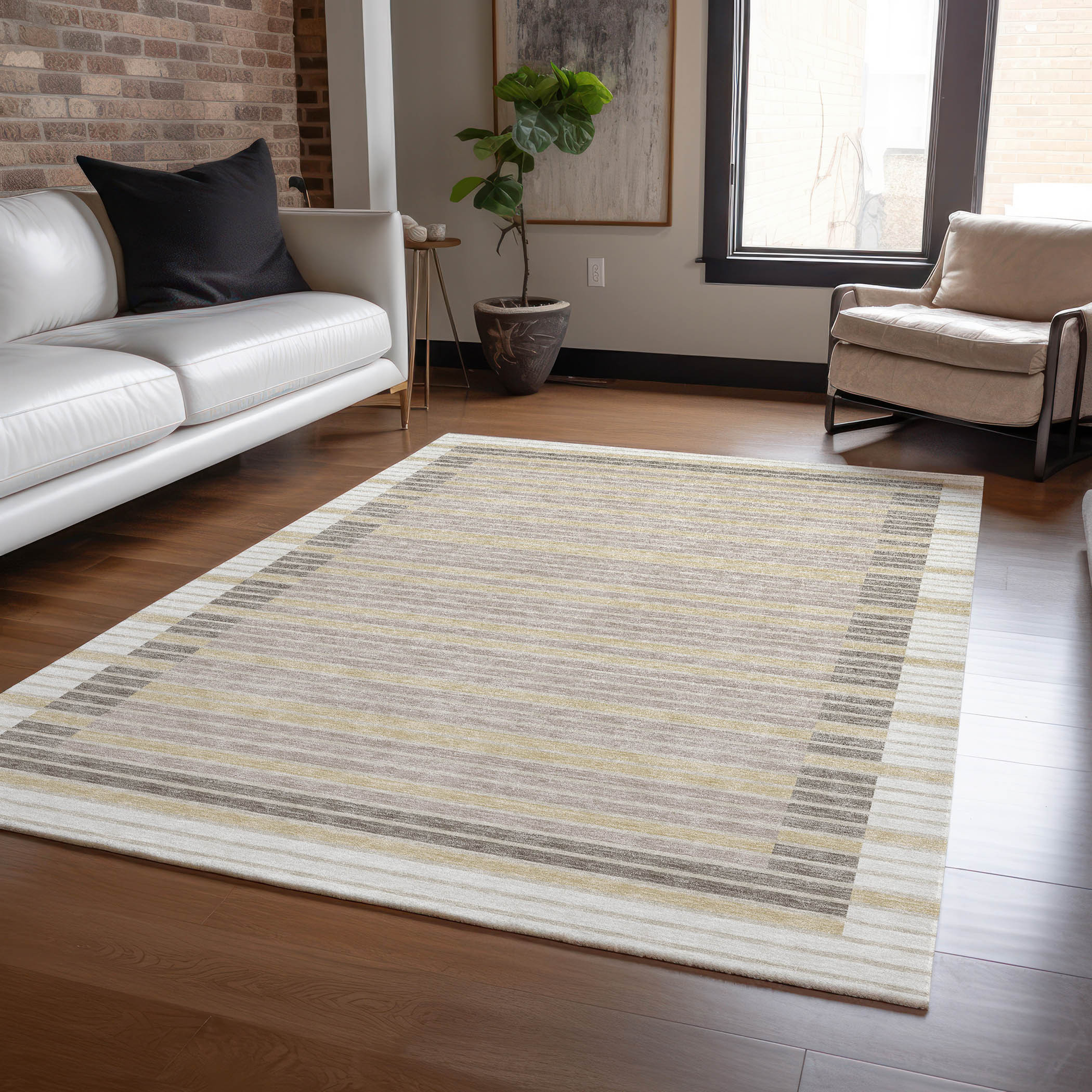 10' X 14' Ivory And Beige Striped Washable Indoor Outdoor Area Rug - Sports & Outdoor