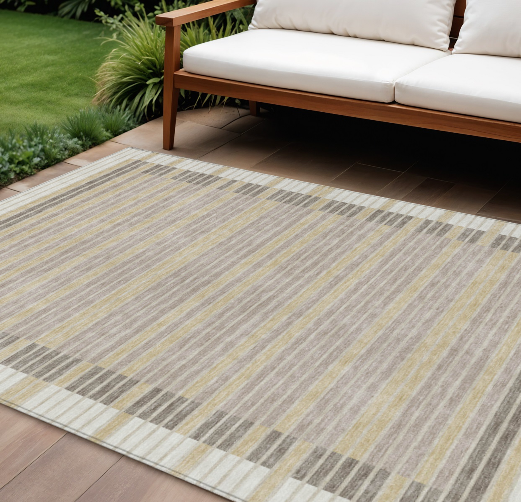 10' X 14' Ivory And Beige Striped Washable Indoor Outdoor Area Rug - Sports & Outdoor