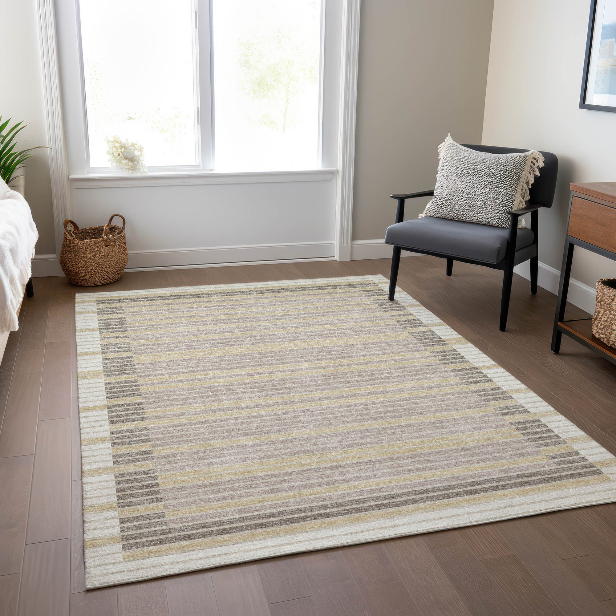10' X 14' Ivory And Beige Striped Washable Indoor Outdoor Area Rug - Sports & Outdoor