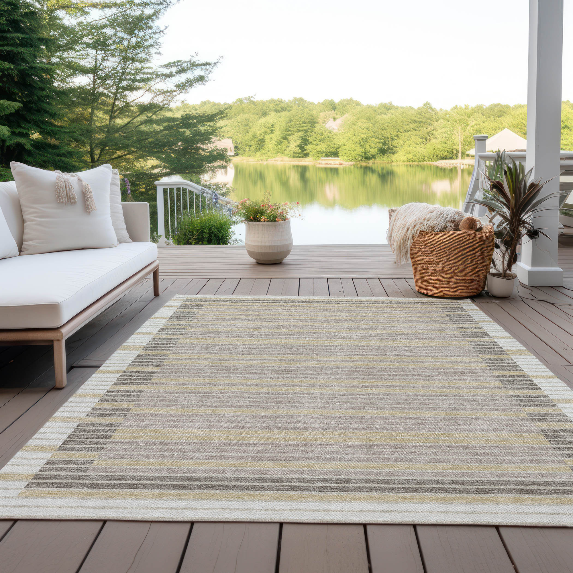 10' X 14' Ivory And Beige Striped Washable Indoor Outdoor Area Rug - Sports & Outdoor