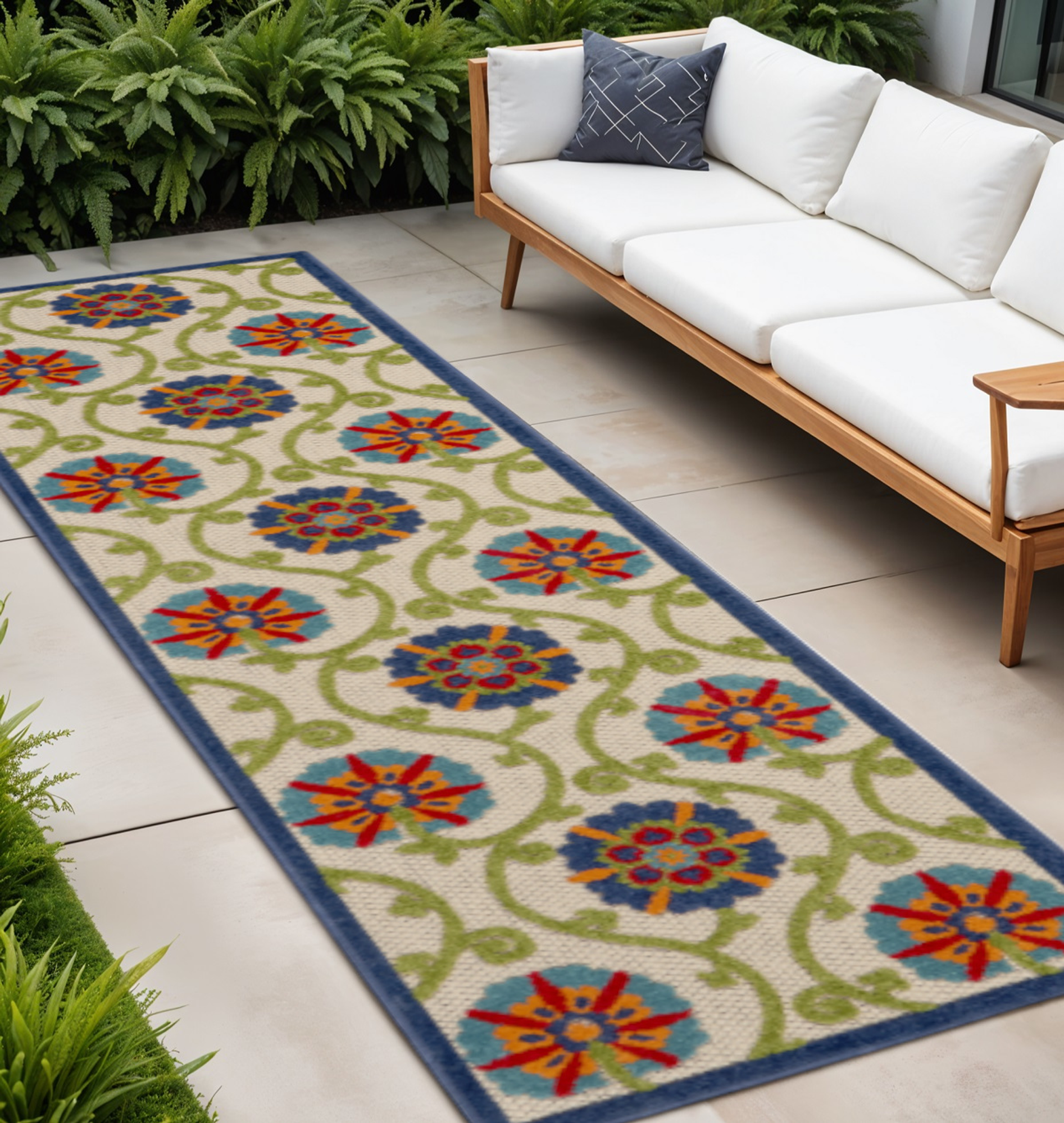 12' Navy Blue Beige Green Blue And Red Floral Indoor Outdoor Runner Rug - Sports & Outdoor
