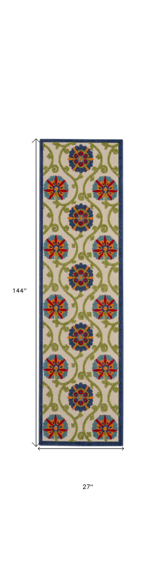 12' Navy Blue Beige Green Blue And Red Floral Indoor Outdoor Runner Rug - Sports & Outdoor
