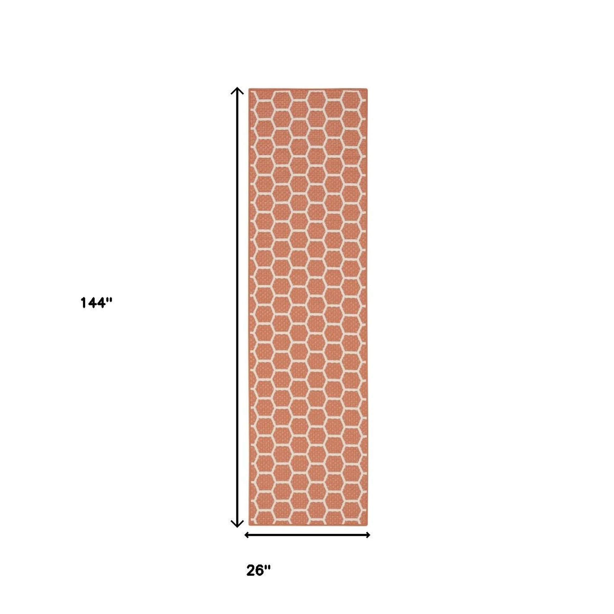 12' Coral And Ivory Geometric Indoor Outdoor Runner Rug - Sports & Outdoor